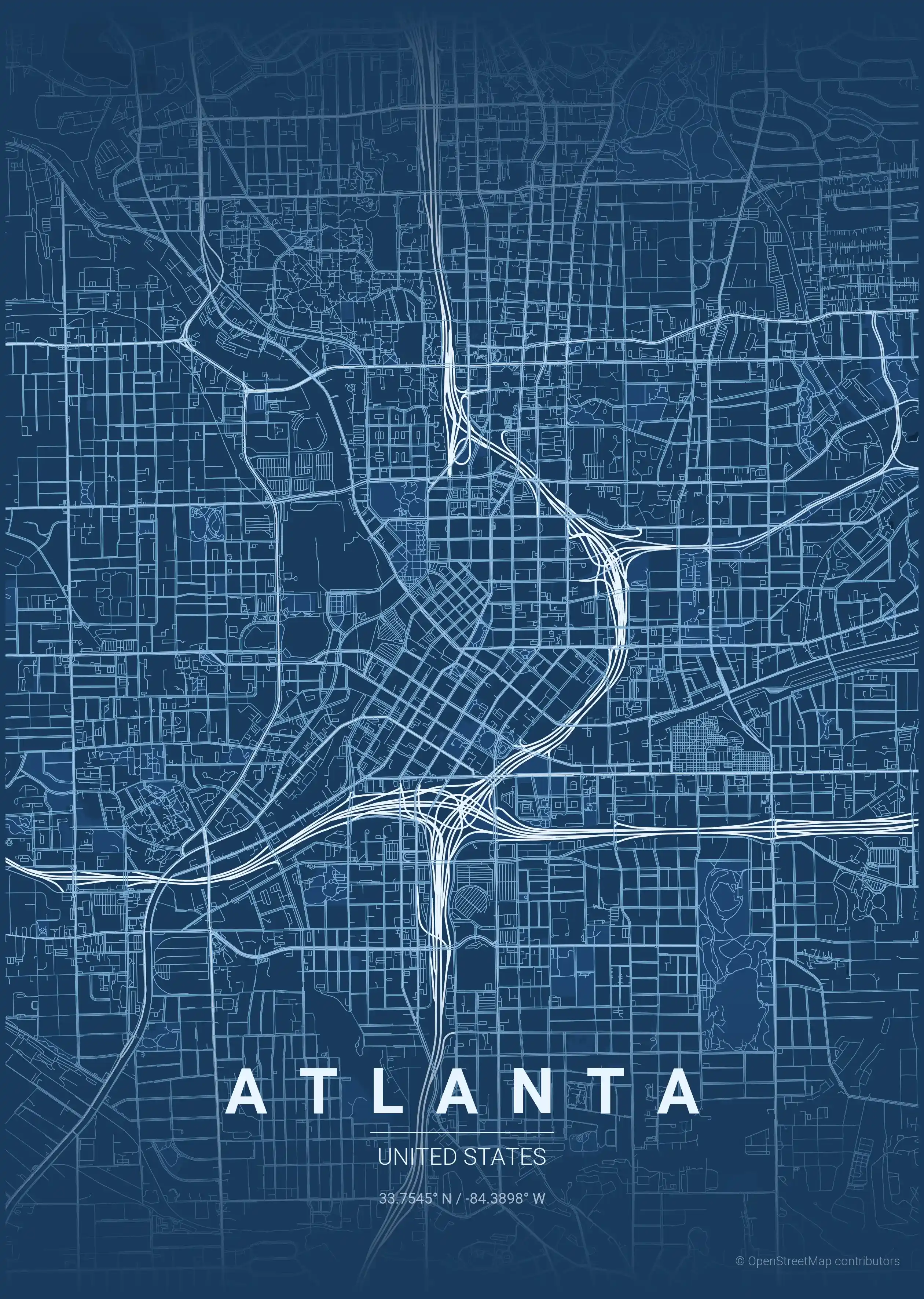 Minimalist blueprint street map of Atlanta, United States - Urban grid art
