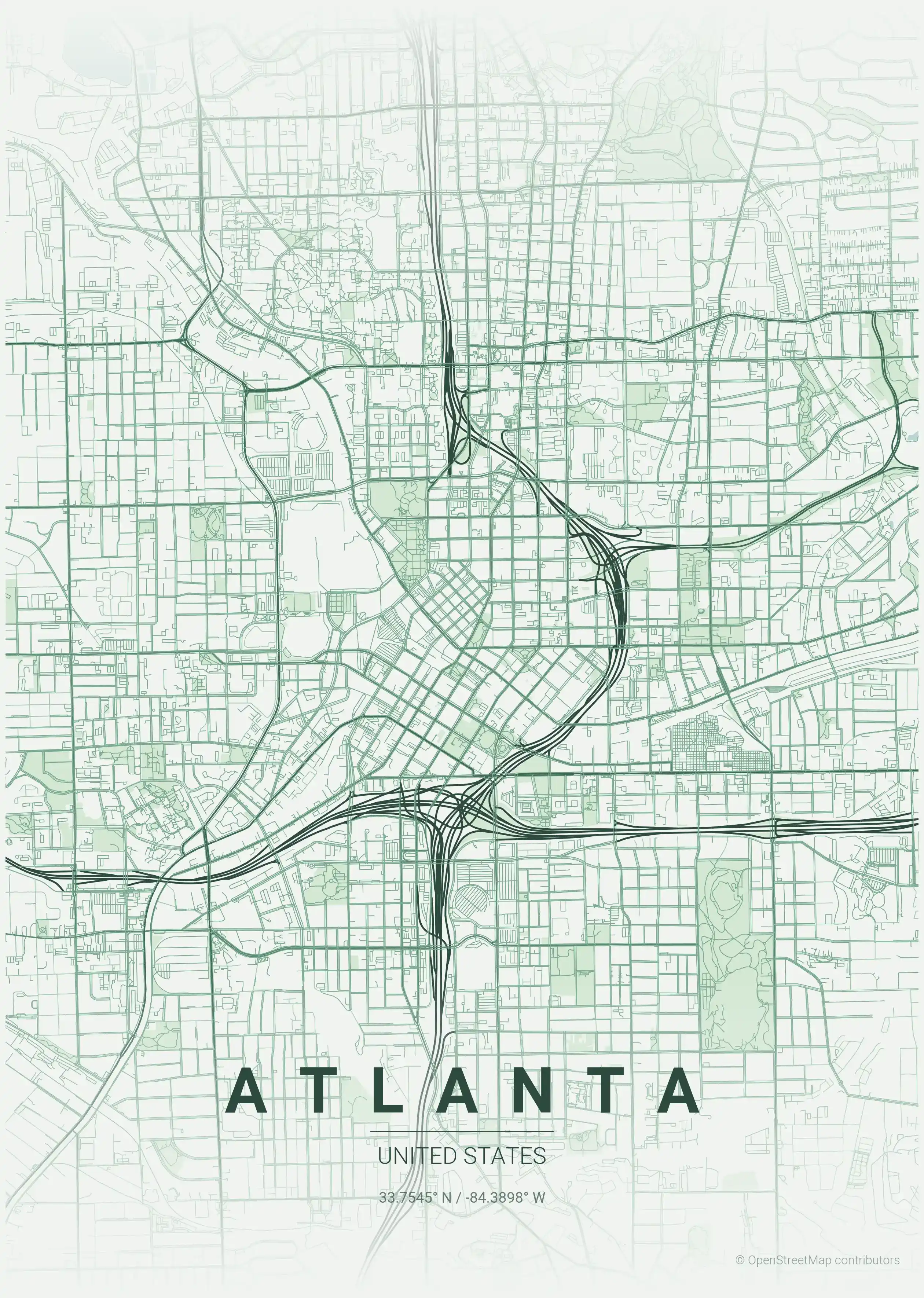 Minimalist forest street map of Atlanta, United States - Urban grid art