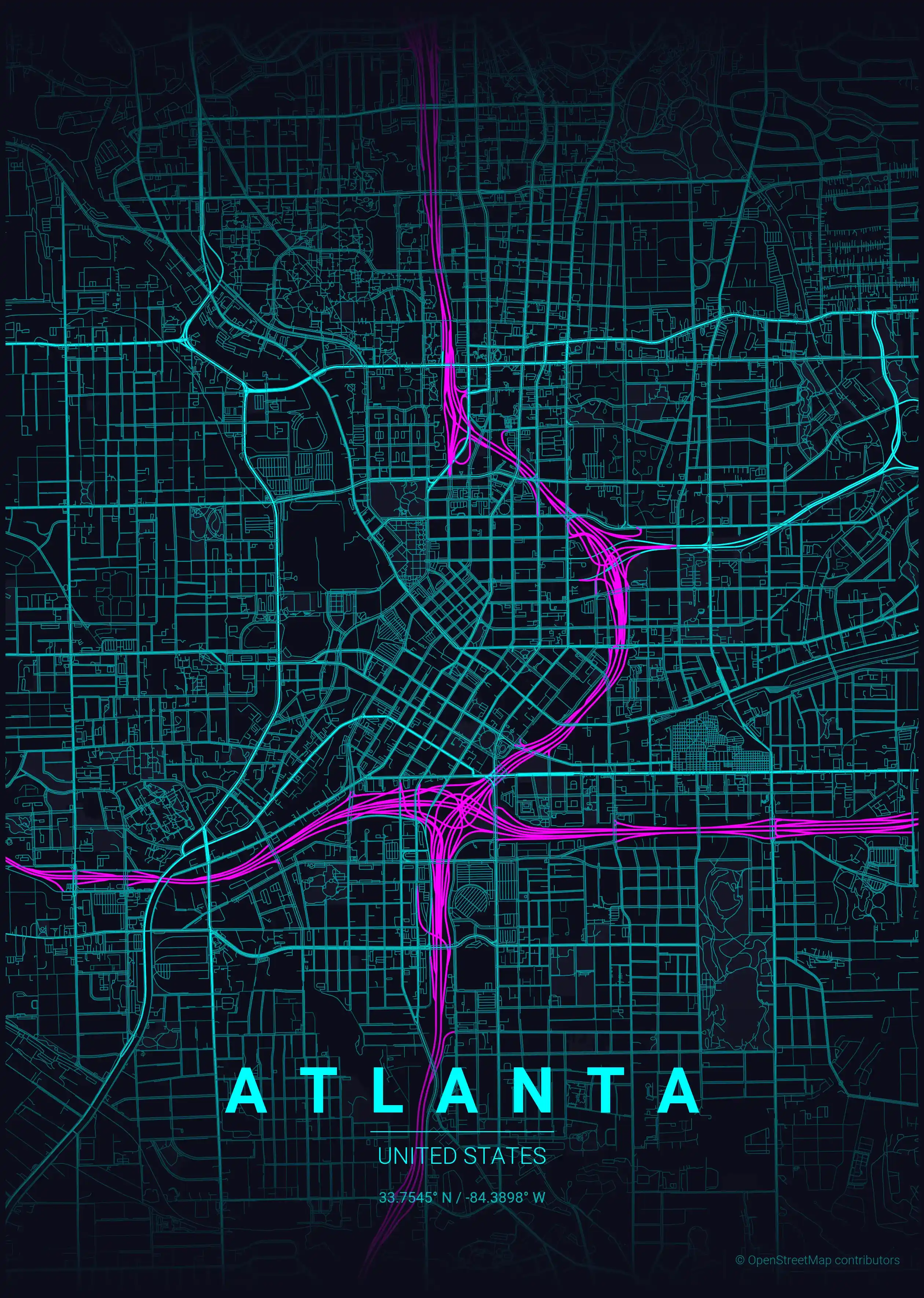 Minimalist neon_cyberpunk street map of Atlanta, United States - Urban grid art