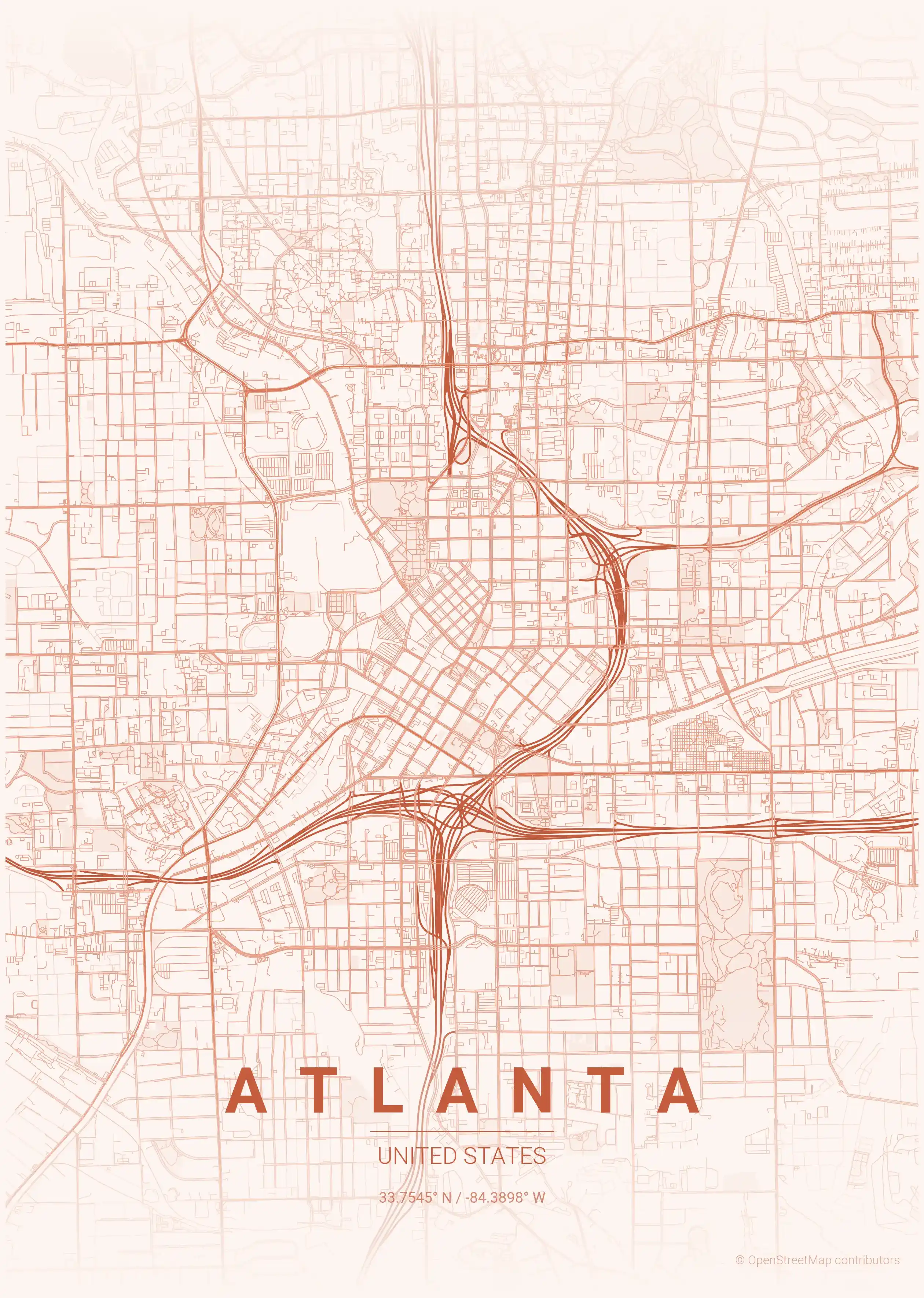 Minimalist sunset street map of Atlanta, United States - Urban grid art
