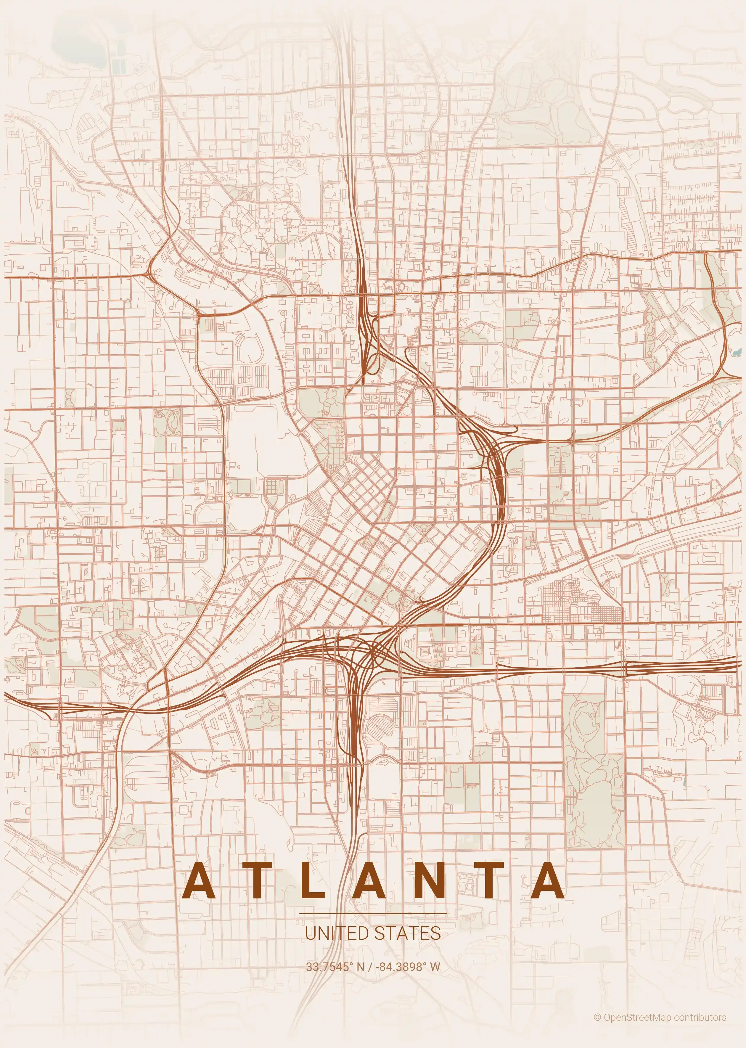 Minimalist terracotta street map of Atlanta, United States - Urban grid art