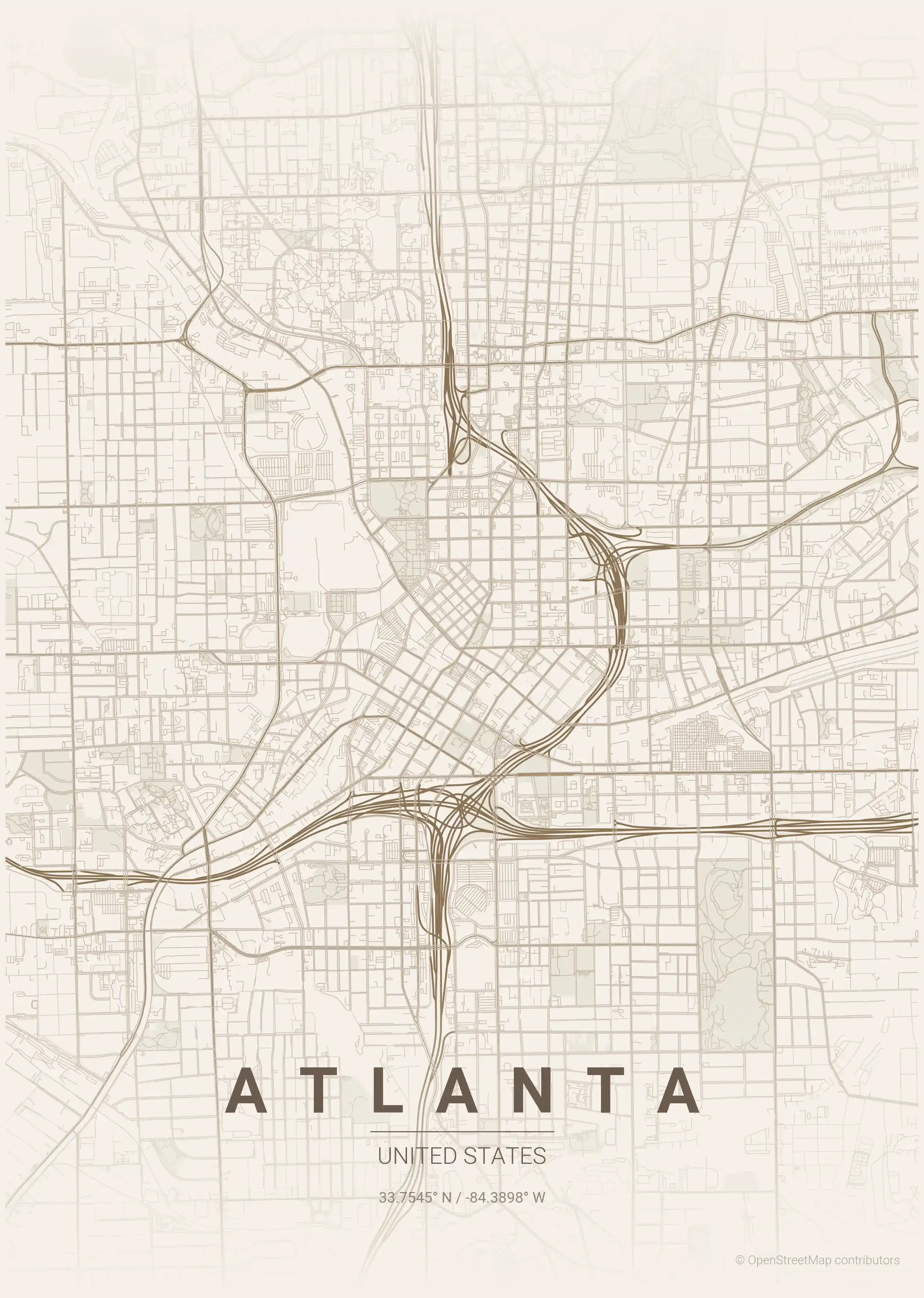 Minimalist warm_beige street map of Atlanta, United States - Urban grid art