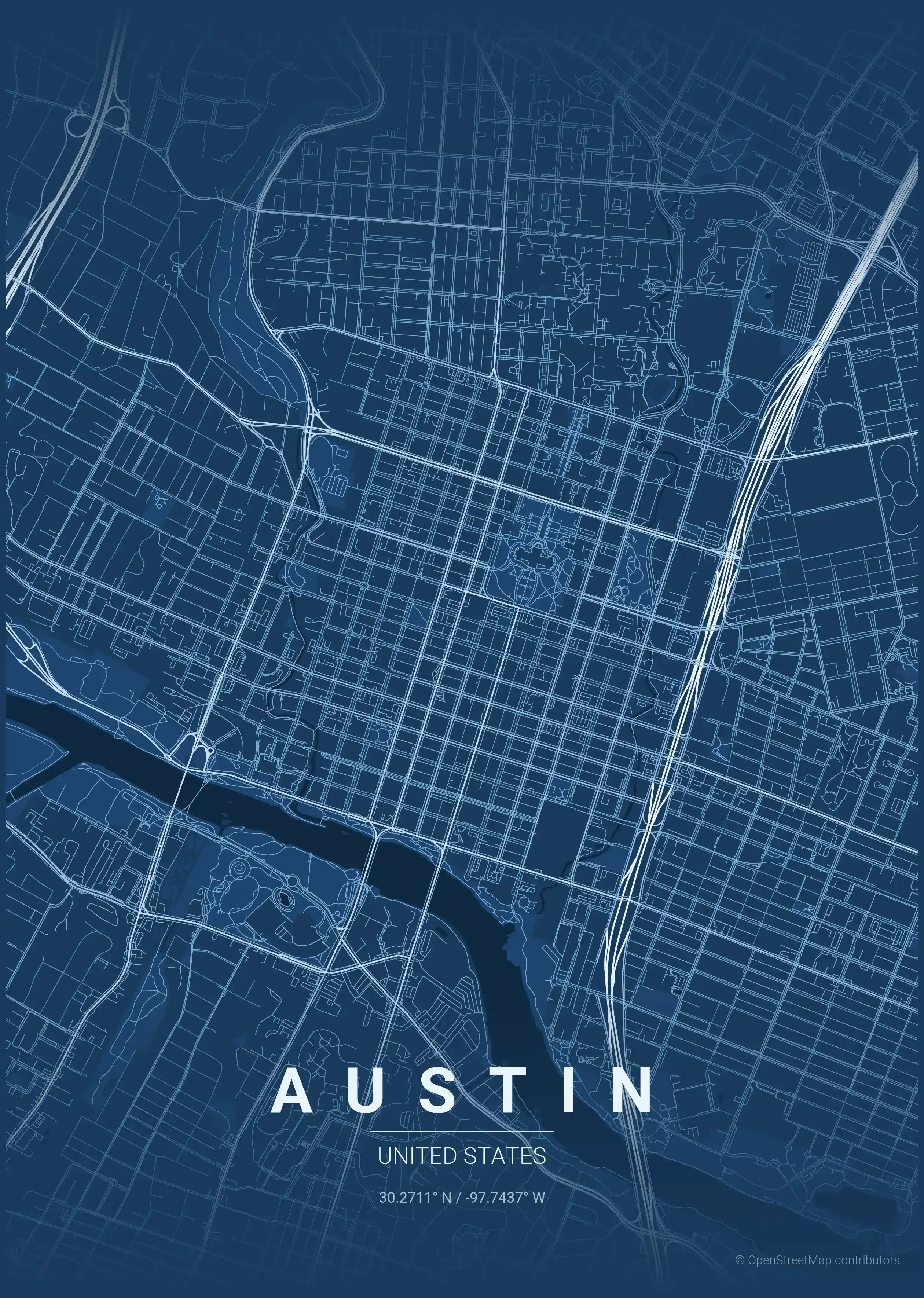 Minimalist blueprint street map of Austin, United States - Urban grid art