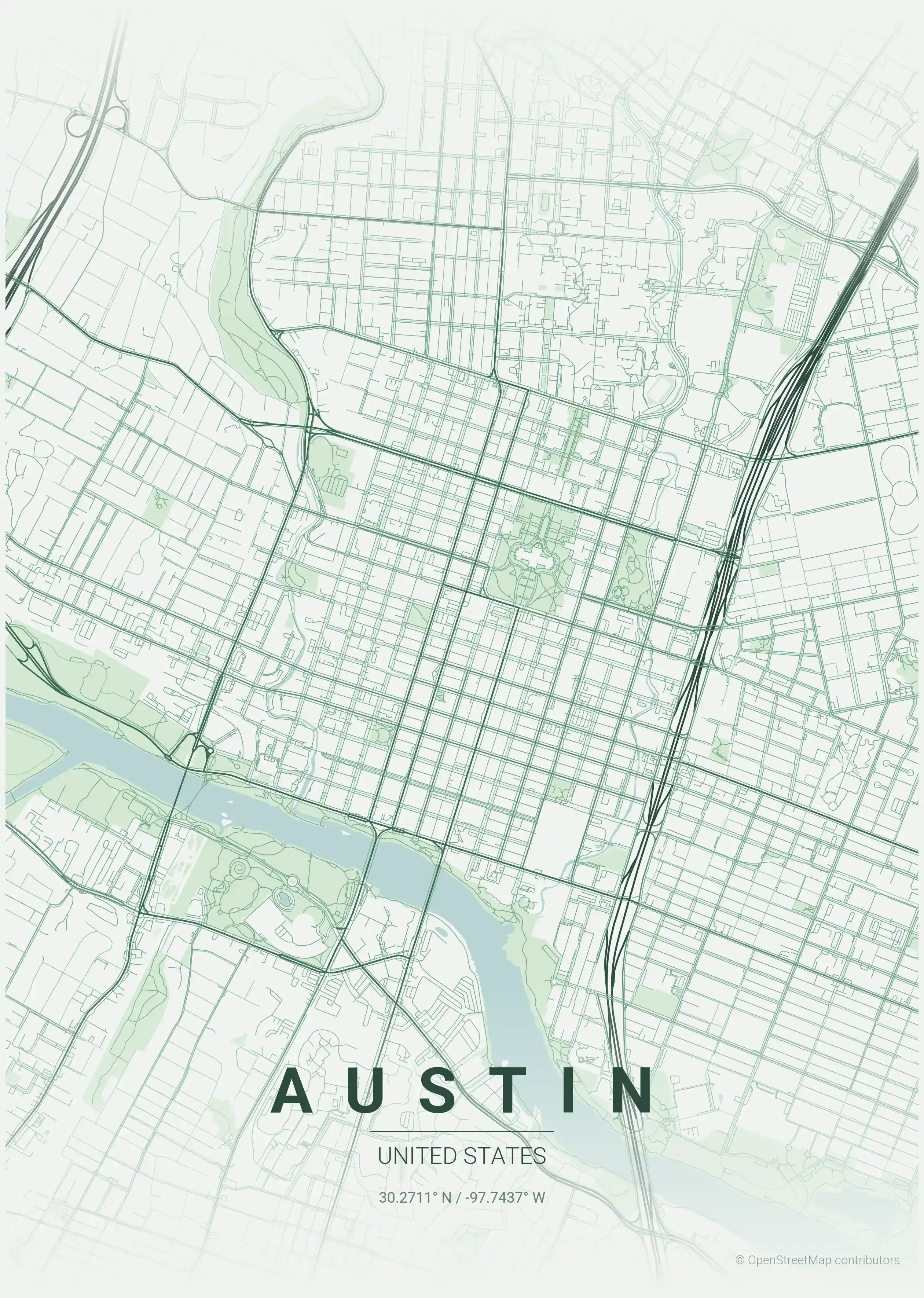 Minimalist forest street map of Austin, United States - Urban grid art