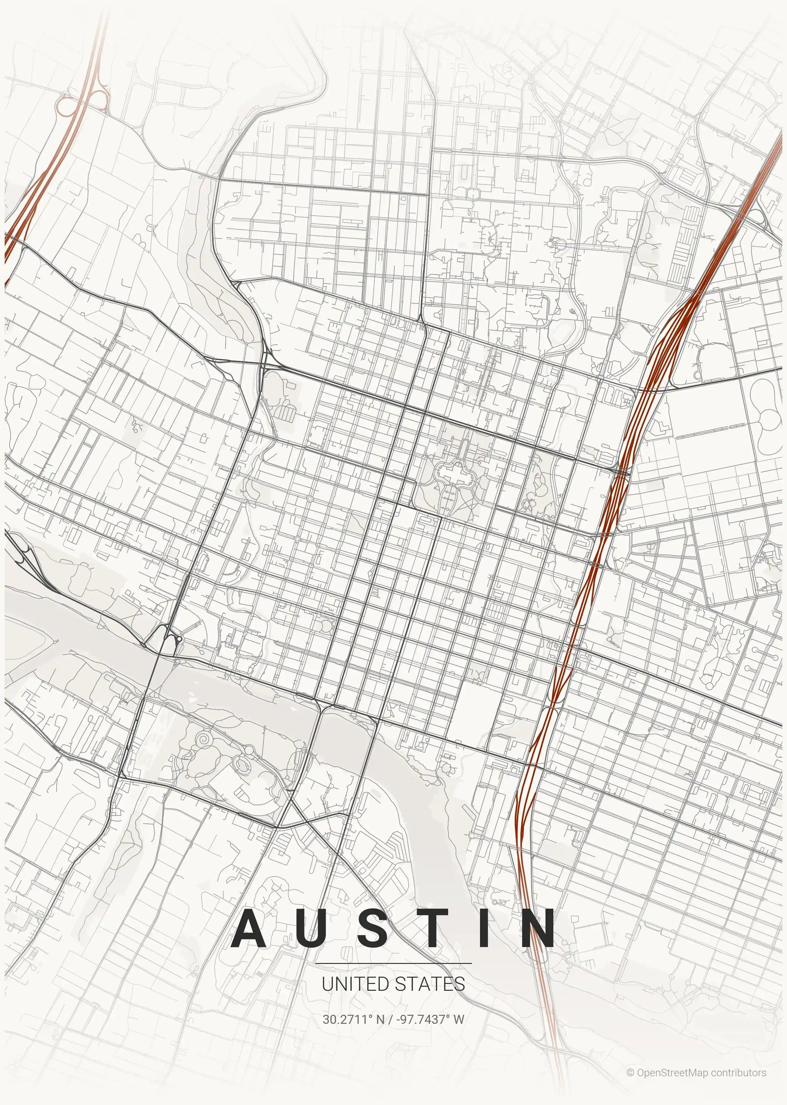 Minimalist japanese_ink street map of Austin, United States - Urban grid art