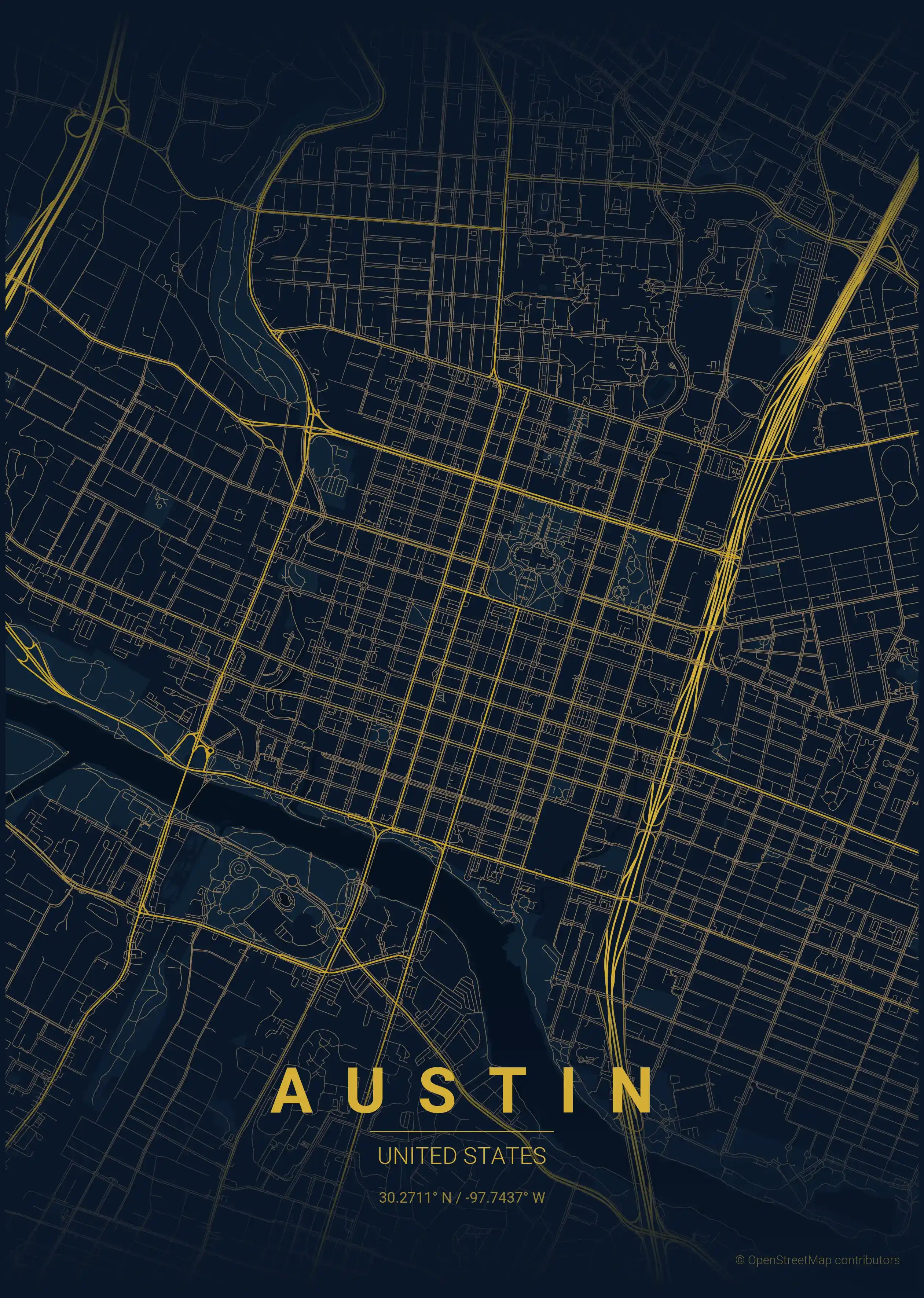 Minimalist midnight_blue street map of Austin, United States - Urban grid art