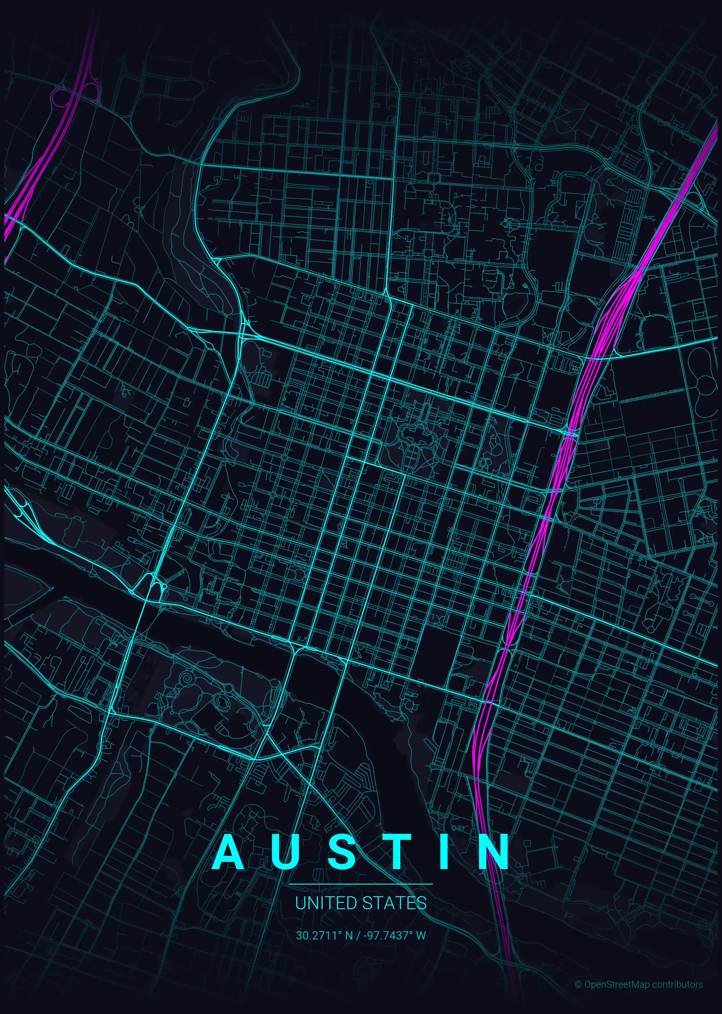 Minimalist neon_cyberpunk street map of Austin, United States - Urban grid art