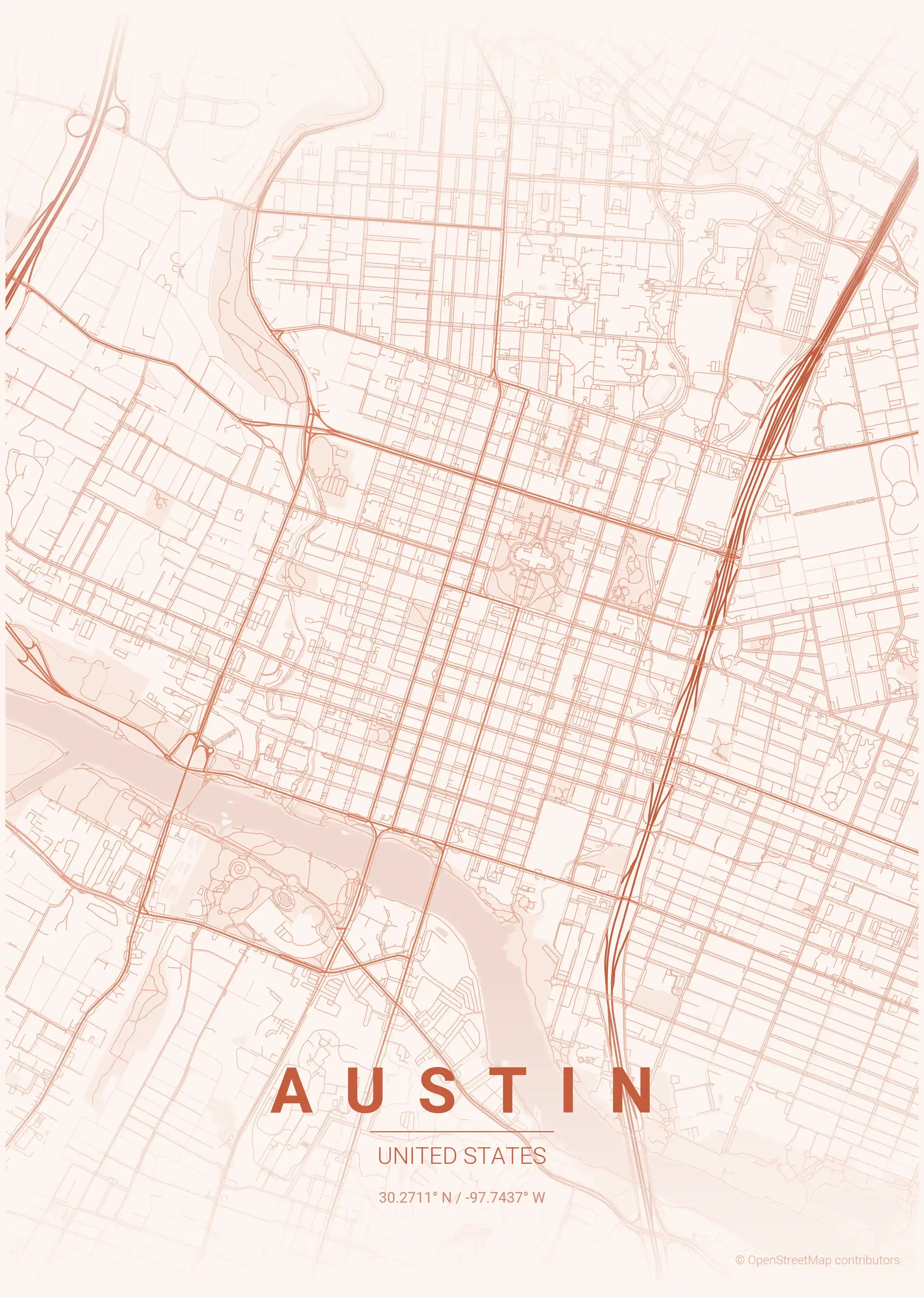 Minimalist sunset street map of Austin, United States - Urban grid art