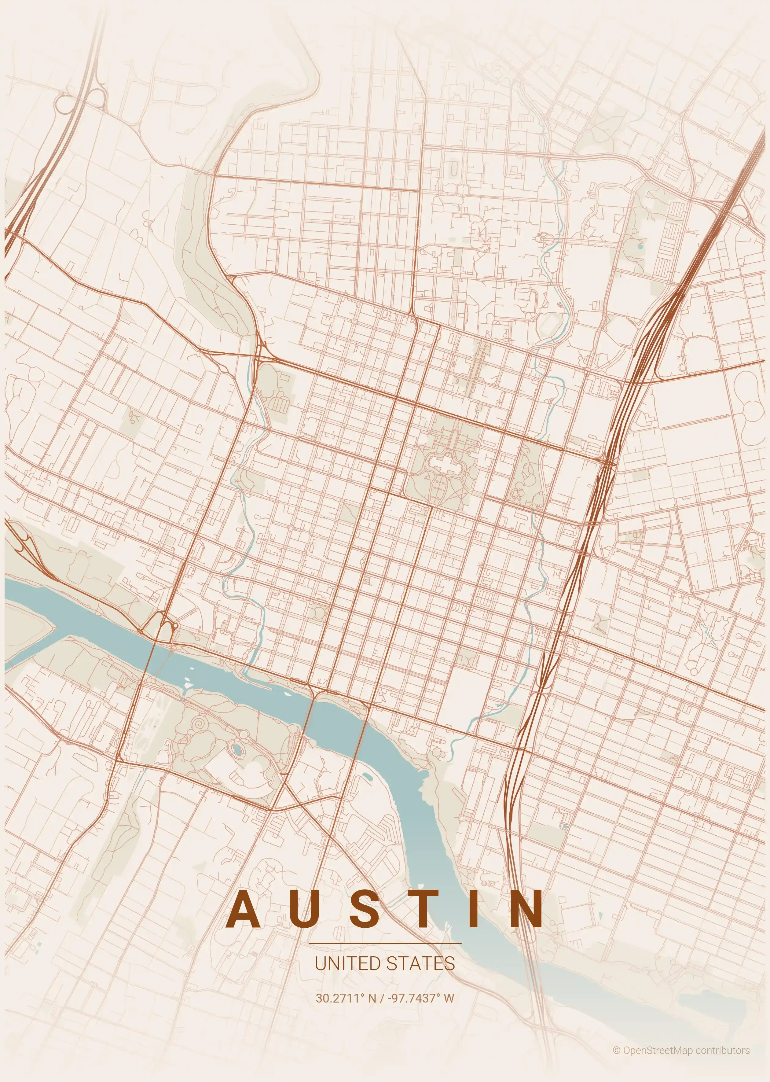 Minimalist terracotta street map of Austin, United States - Urban grid art