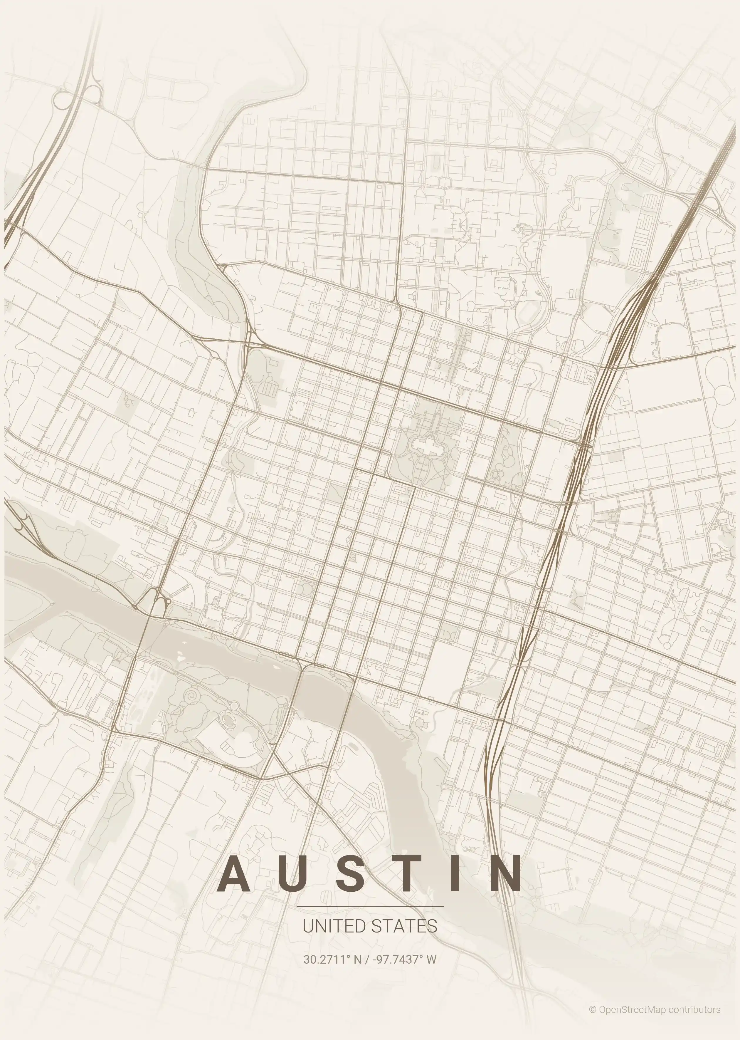 Minimalist warm_beige street map of Austin, United States - Urban grid art