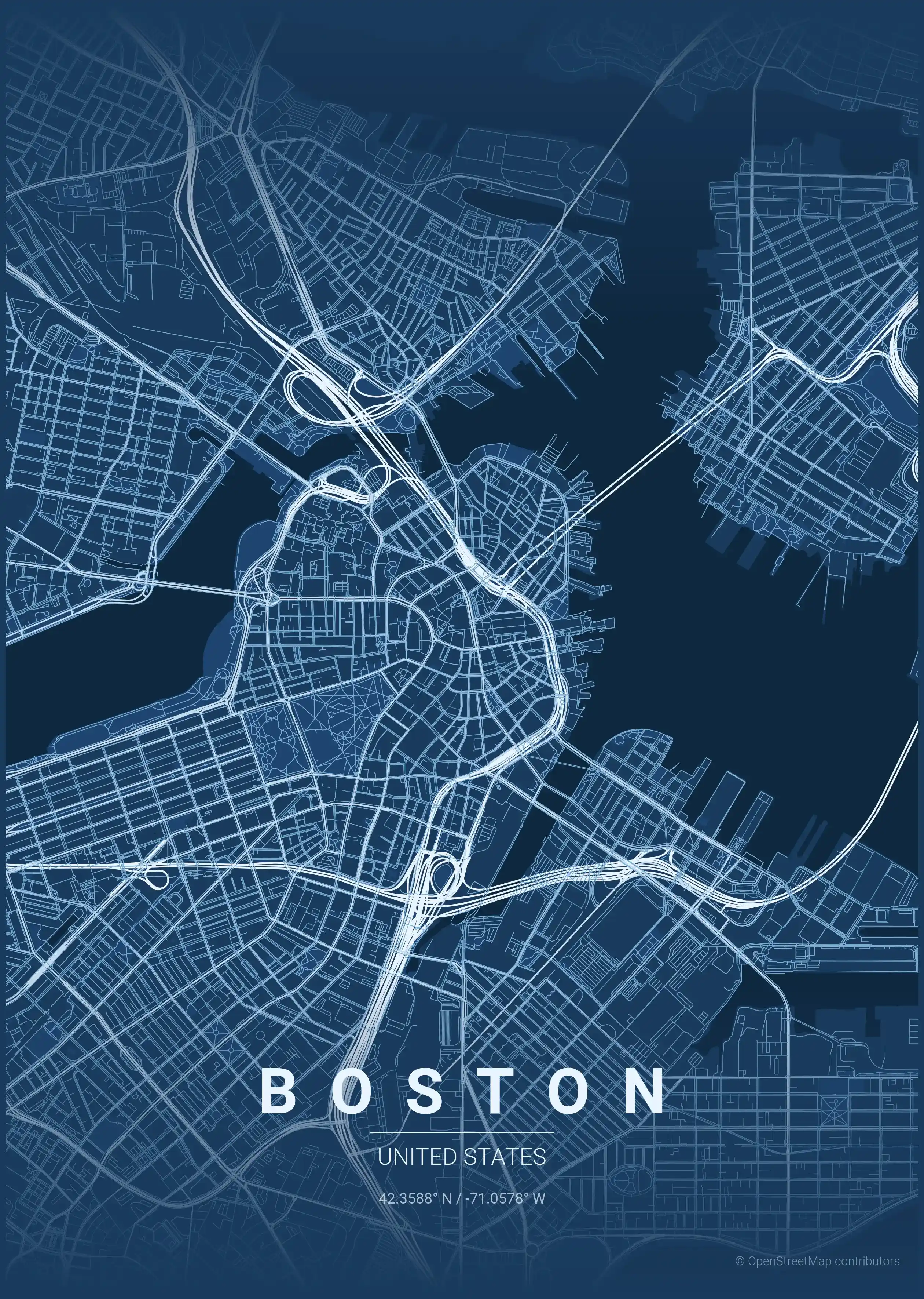 Minimalist blueprint street map of Boston, United States - Urban grid art
