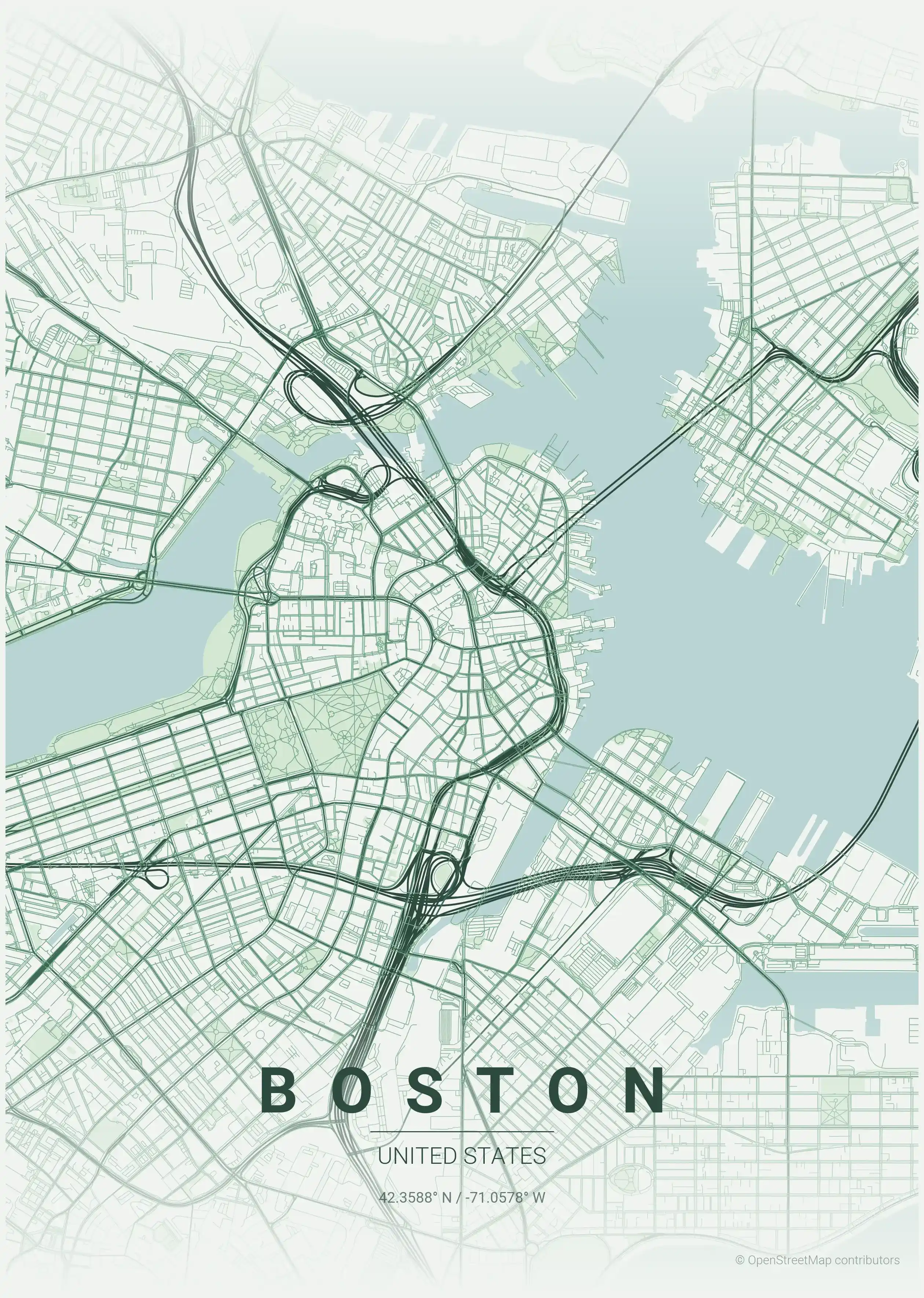 Minimalist forest street map of Boston, United States - Urban grid art