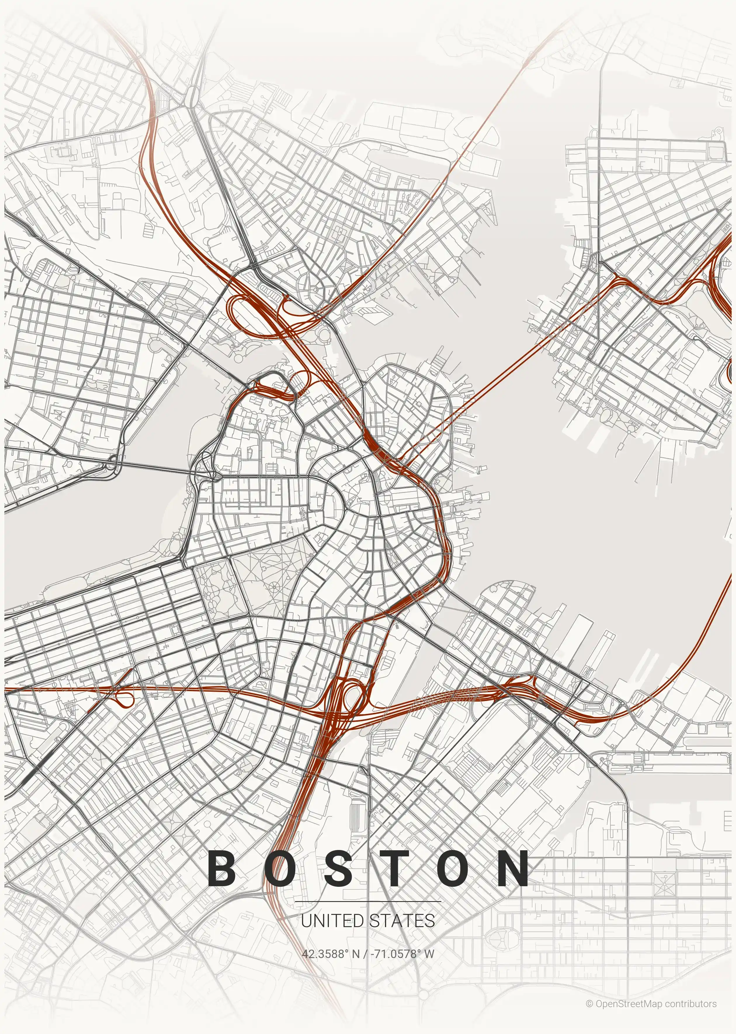 Minimalist japanese_ink street map of Boston, United States - Urban grid art