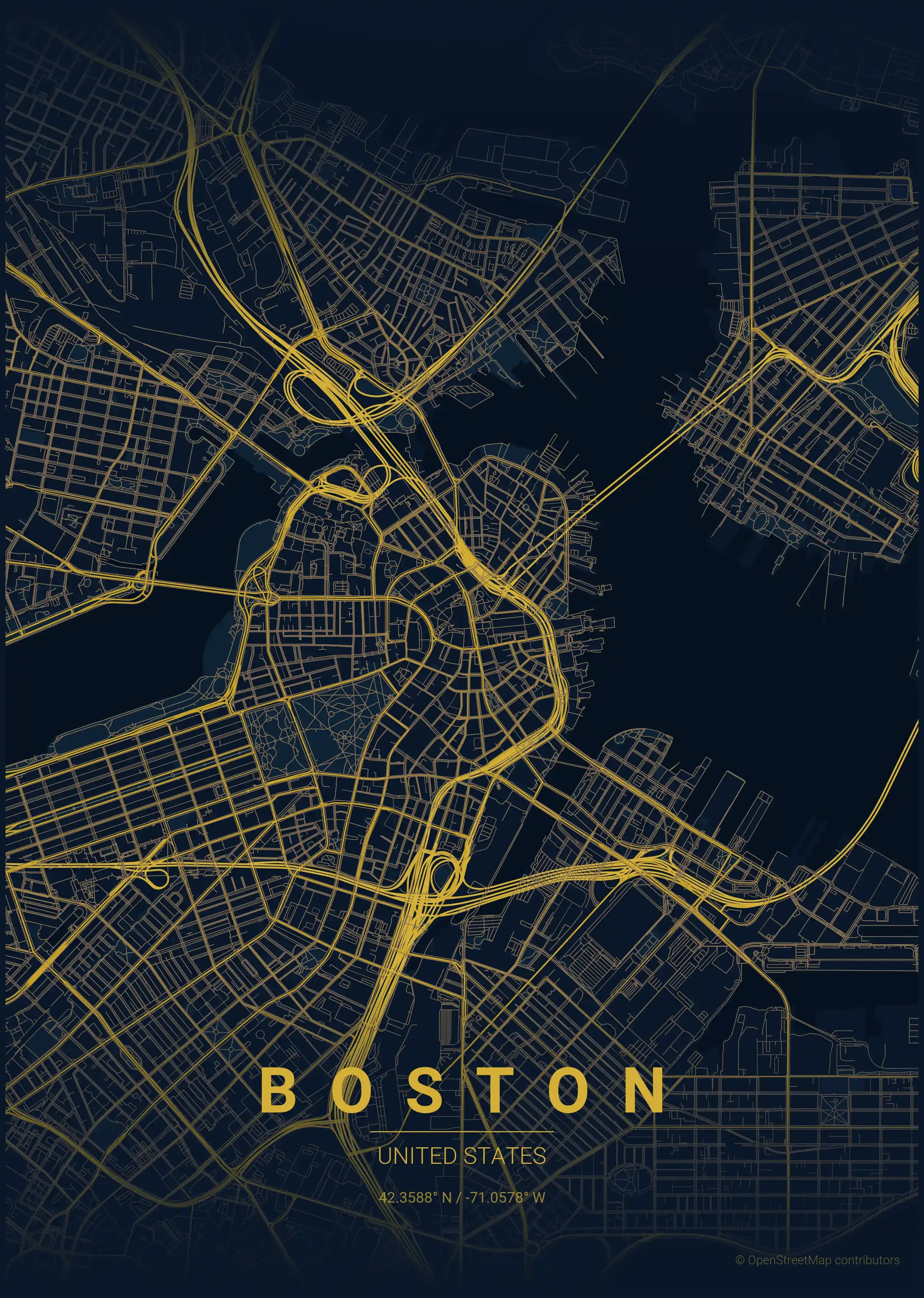 Minimalist midnight_blue street map of Boston, United States - Urban grid art