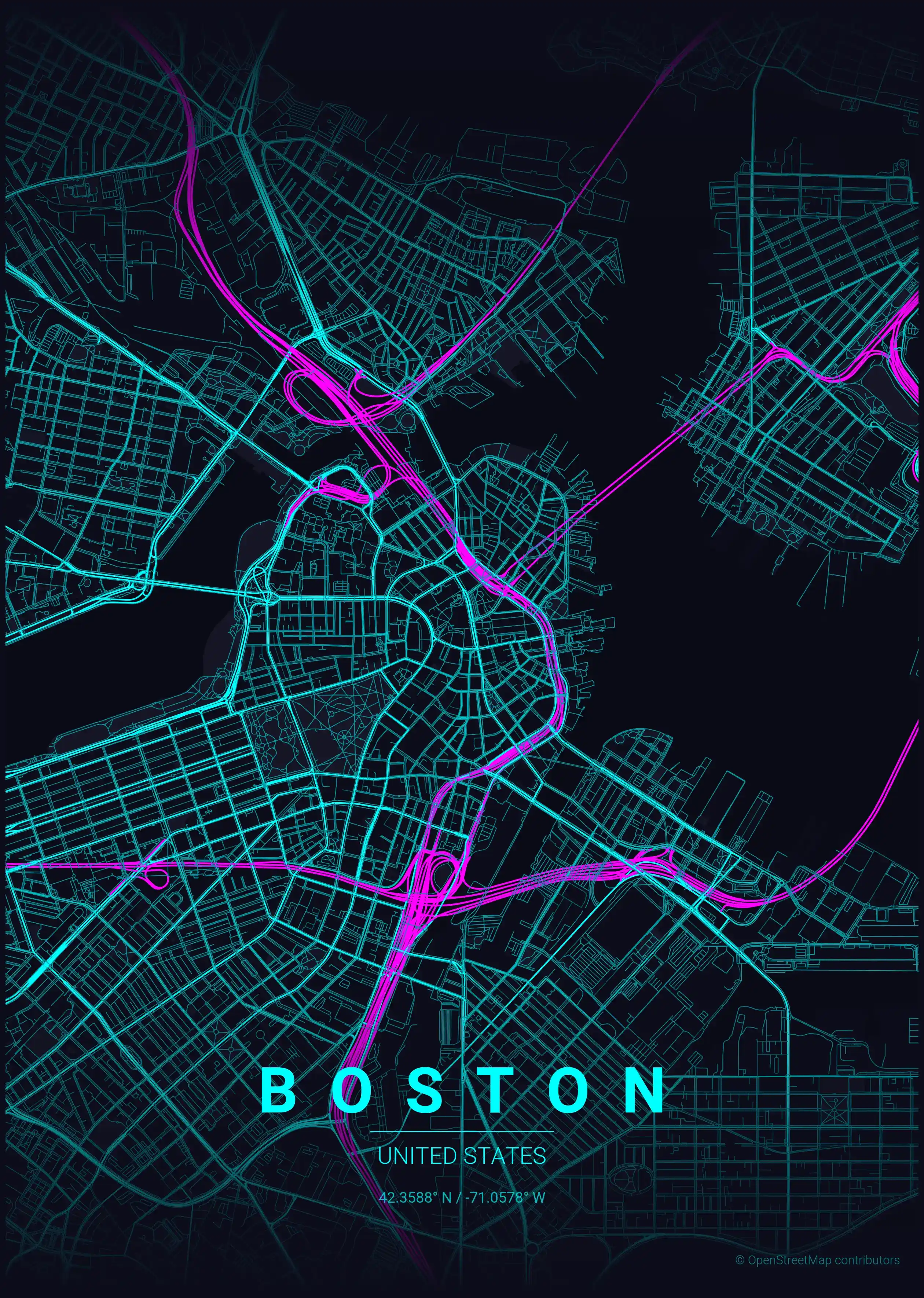 Minimalist neon_cyberpunk street map of Boston, United States - Urban grid art
