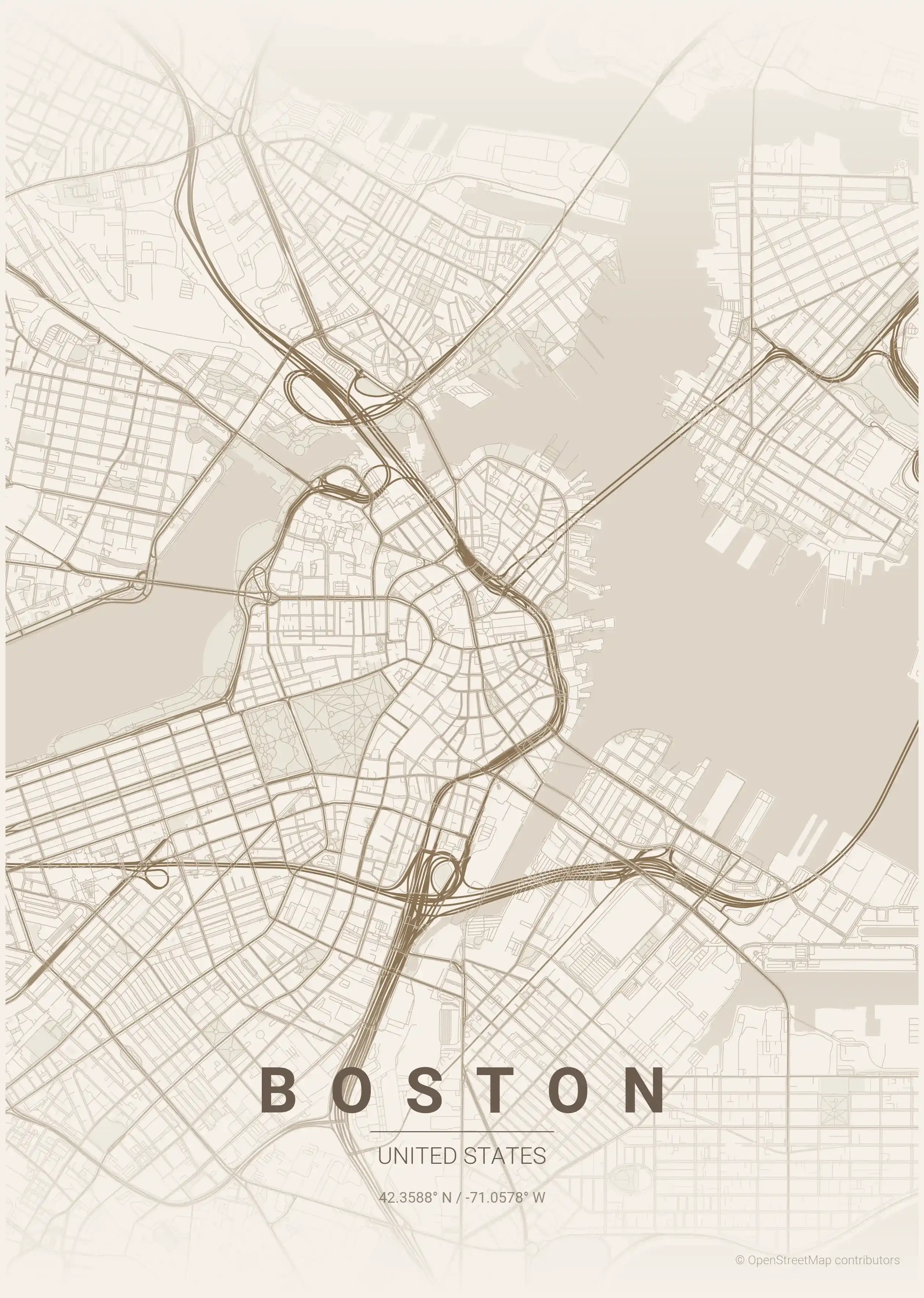 Minimalist warm_beige street map of Boston, United States - Urban grid art