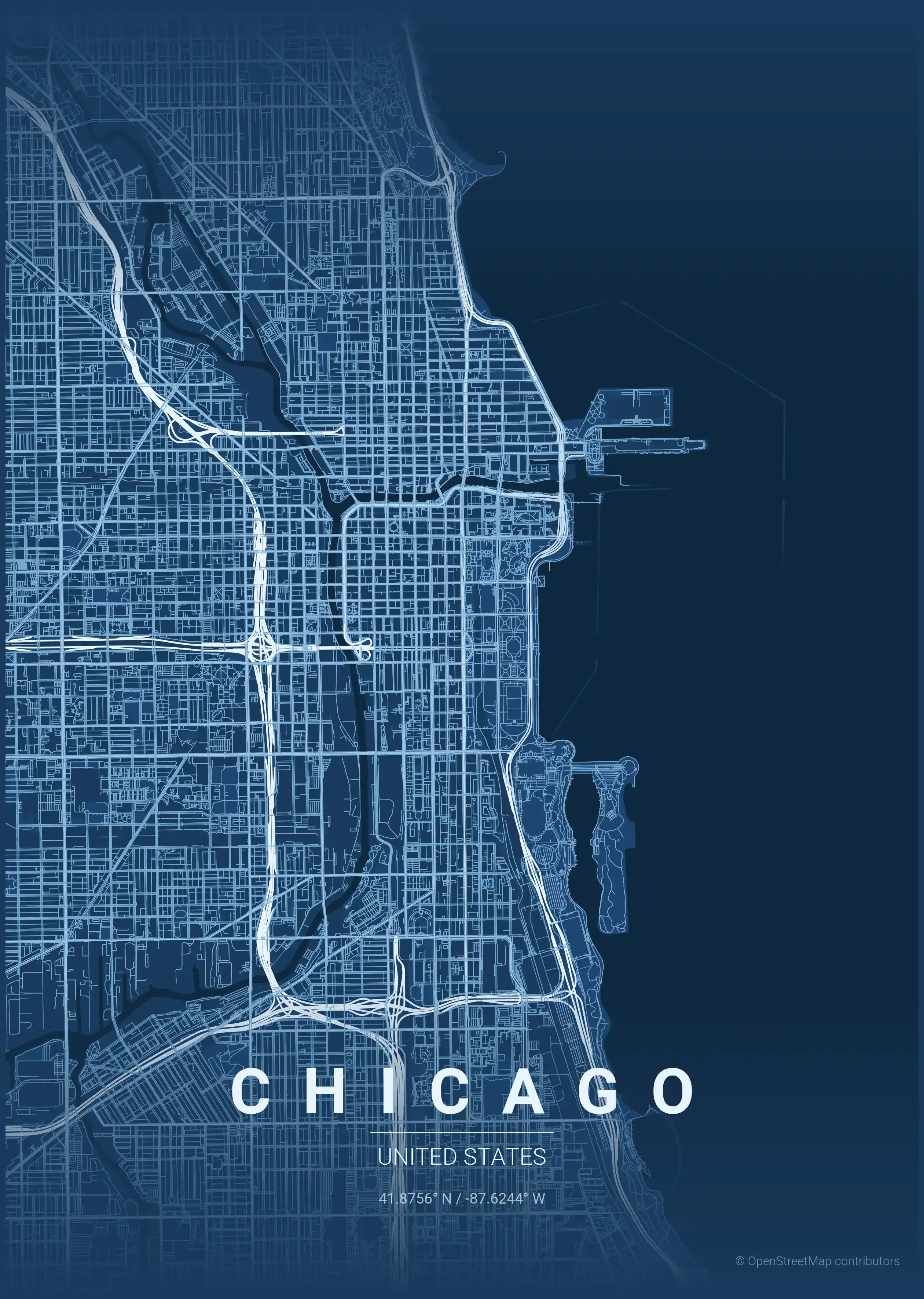 Minimalist blueprint street map of Chicago, United States - Urban grid art