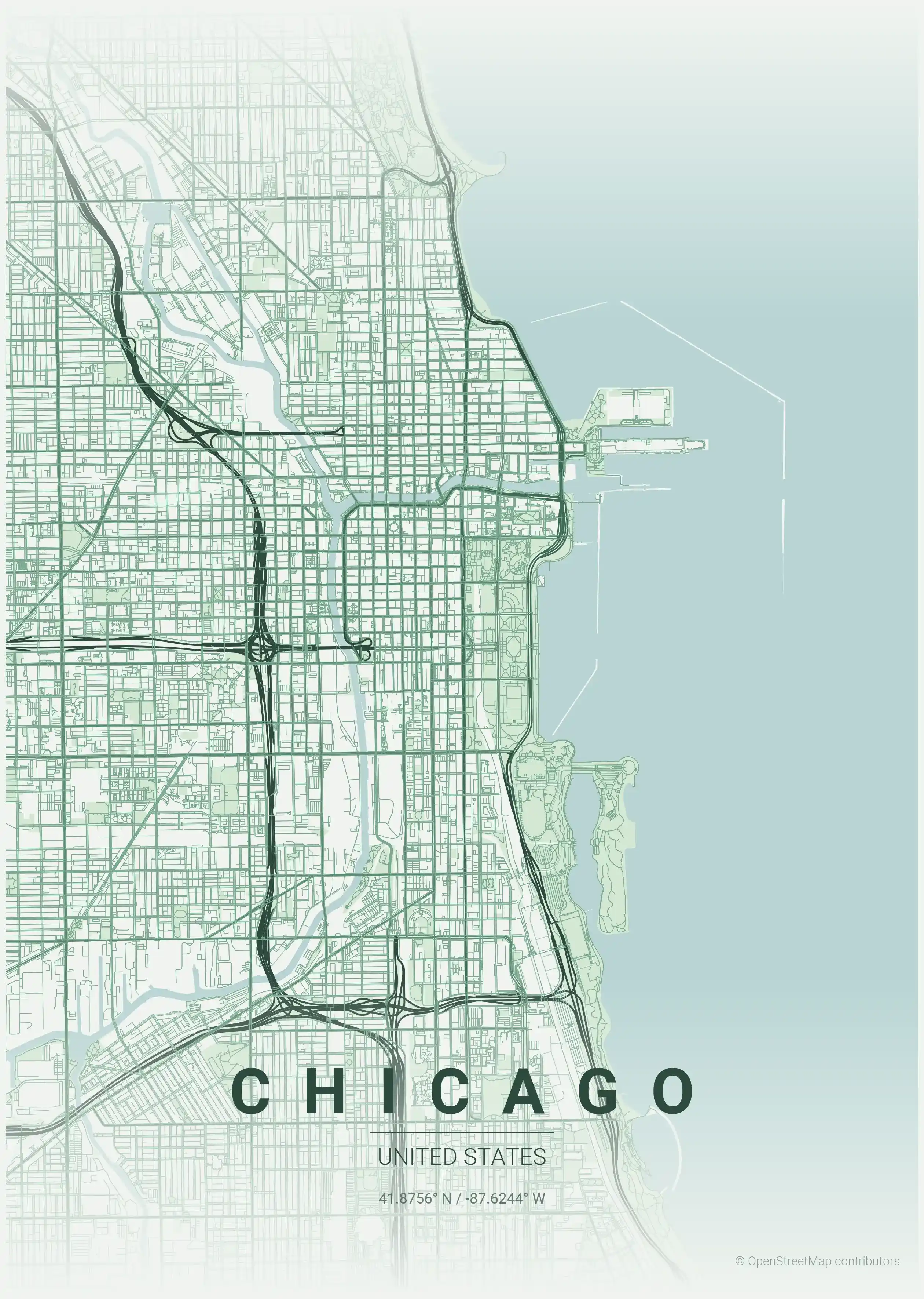 Minimalist forest street map of Chicago, United States - Urban grid art