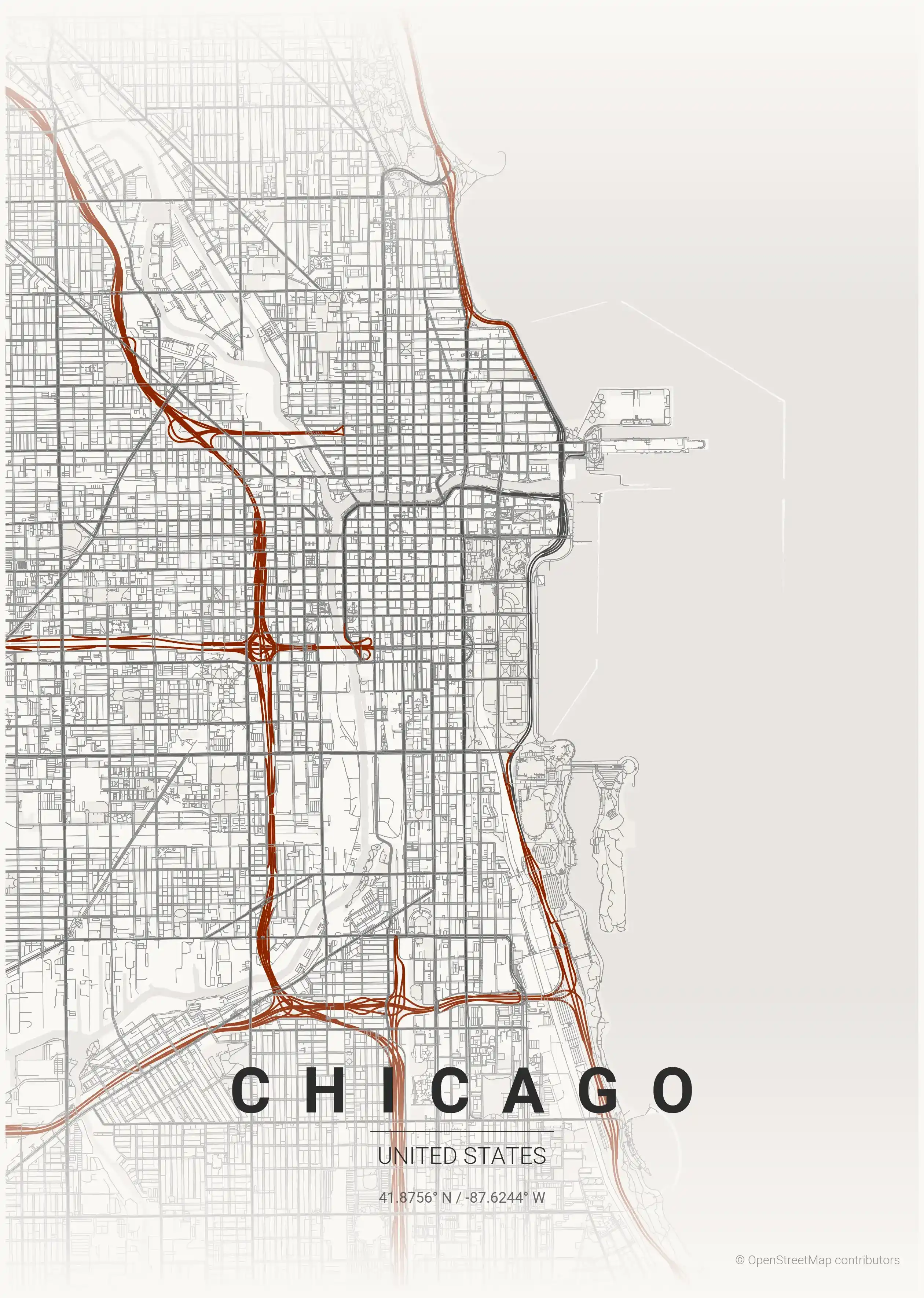 Minimalist japanese_ink street map of Chicago, United States - Urban grid art