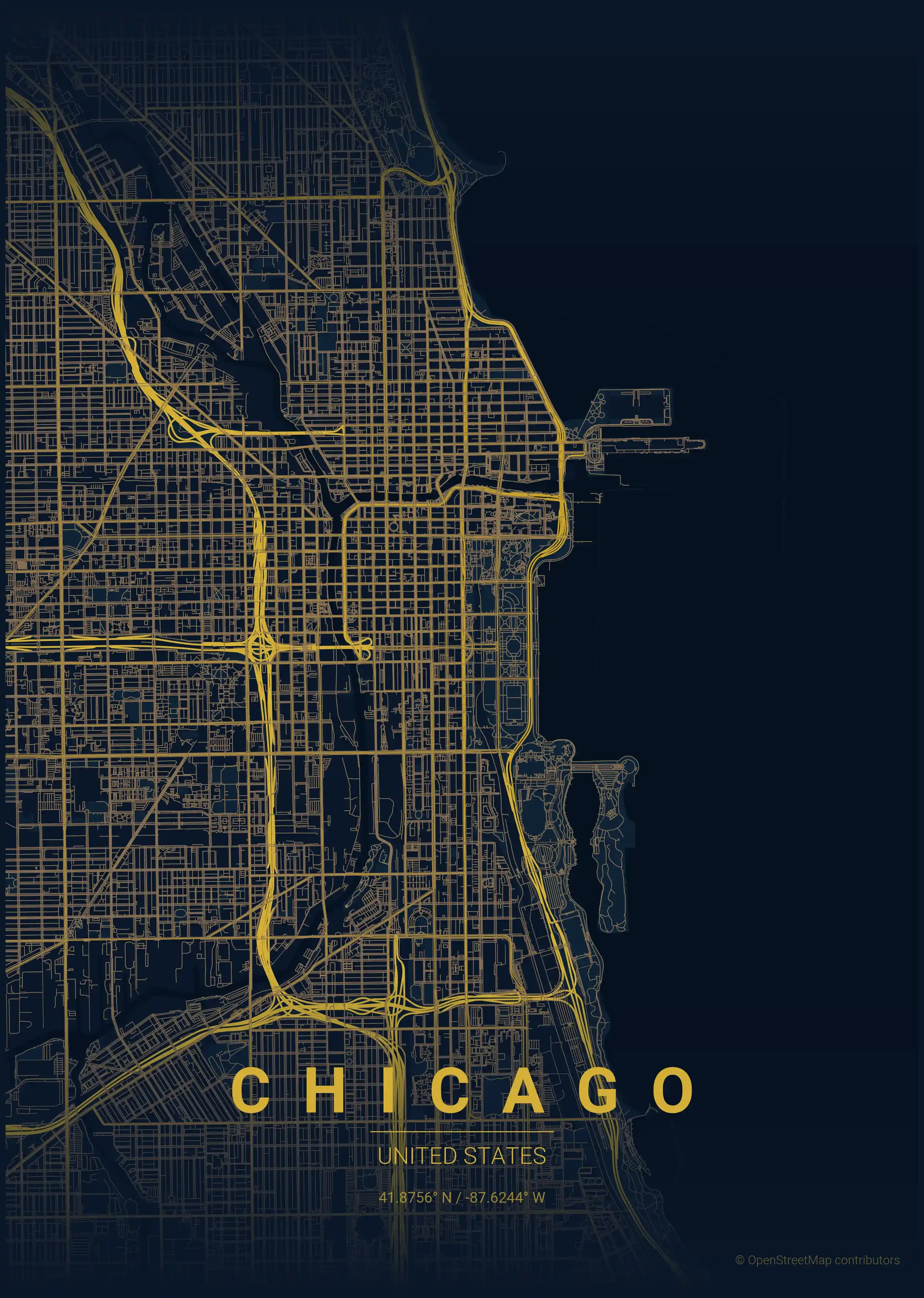 Minimalist midnight_blue street map of Chicago, United States - Urban grid art