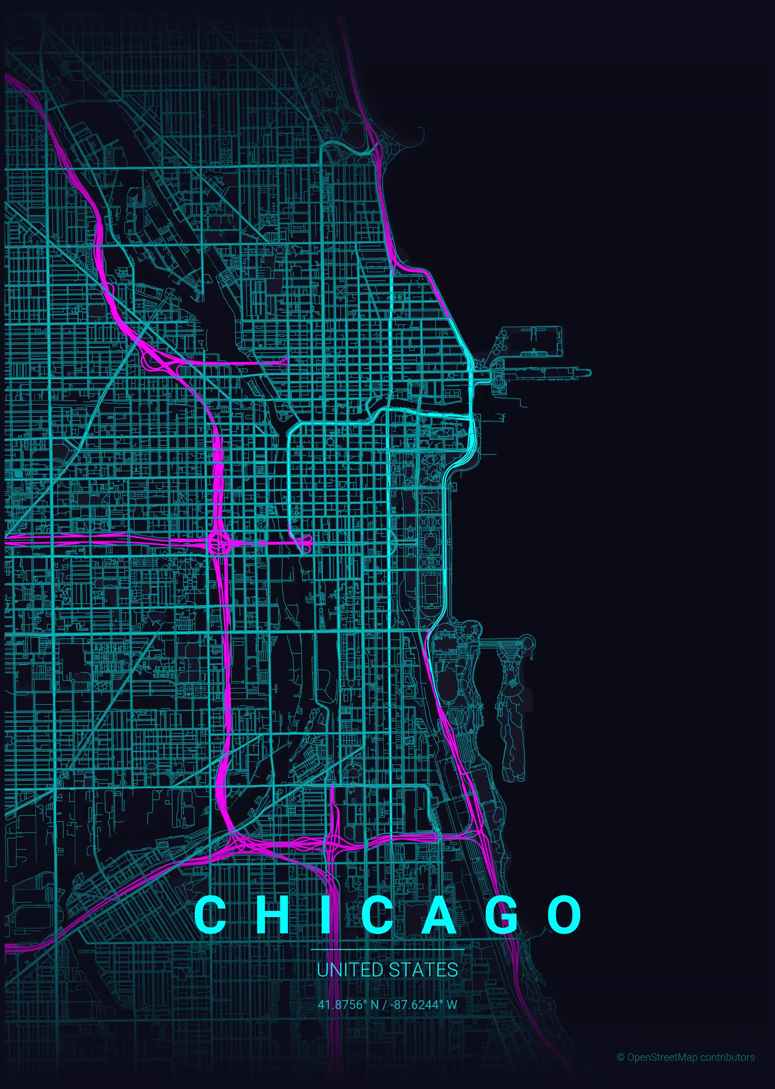 Minimalist neon_cyberpunk street map of Chicago, United States - Urban grid art