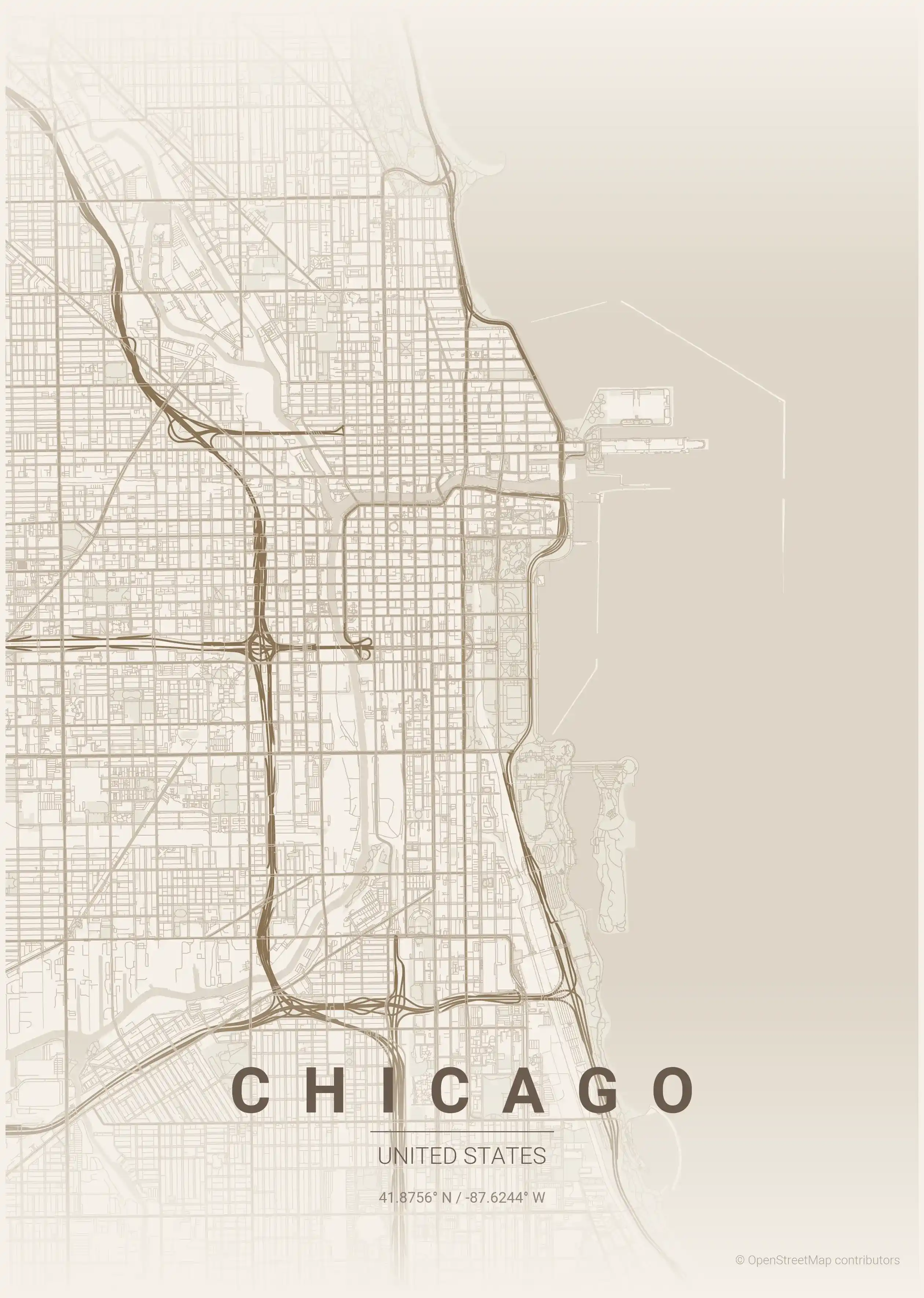 Minimalist warm_beige street map of Chicago, United States - Urban grid art