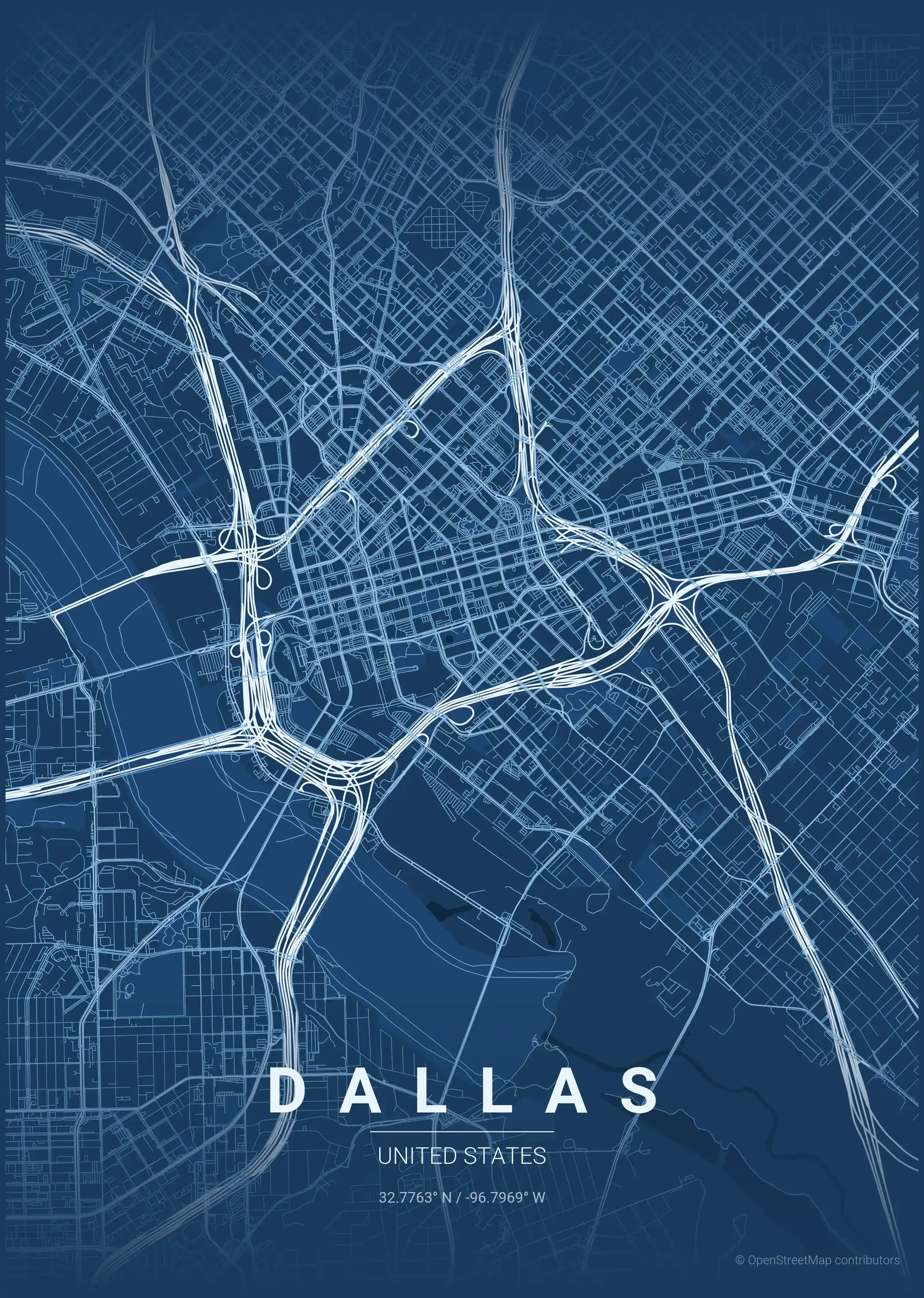Minimalist blueprint street map of Dallas, United States - Urban grid art