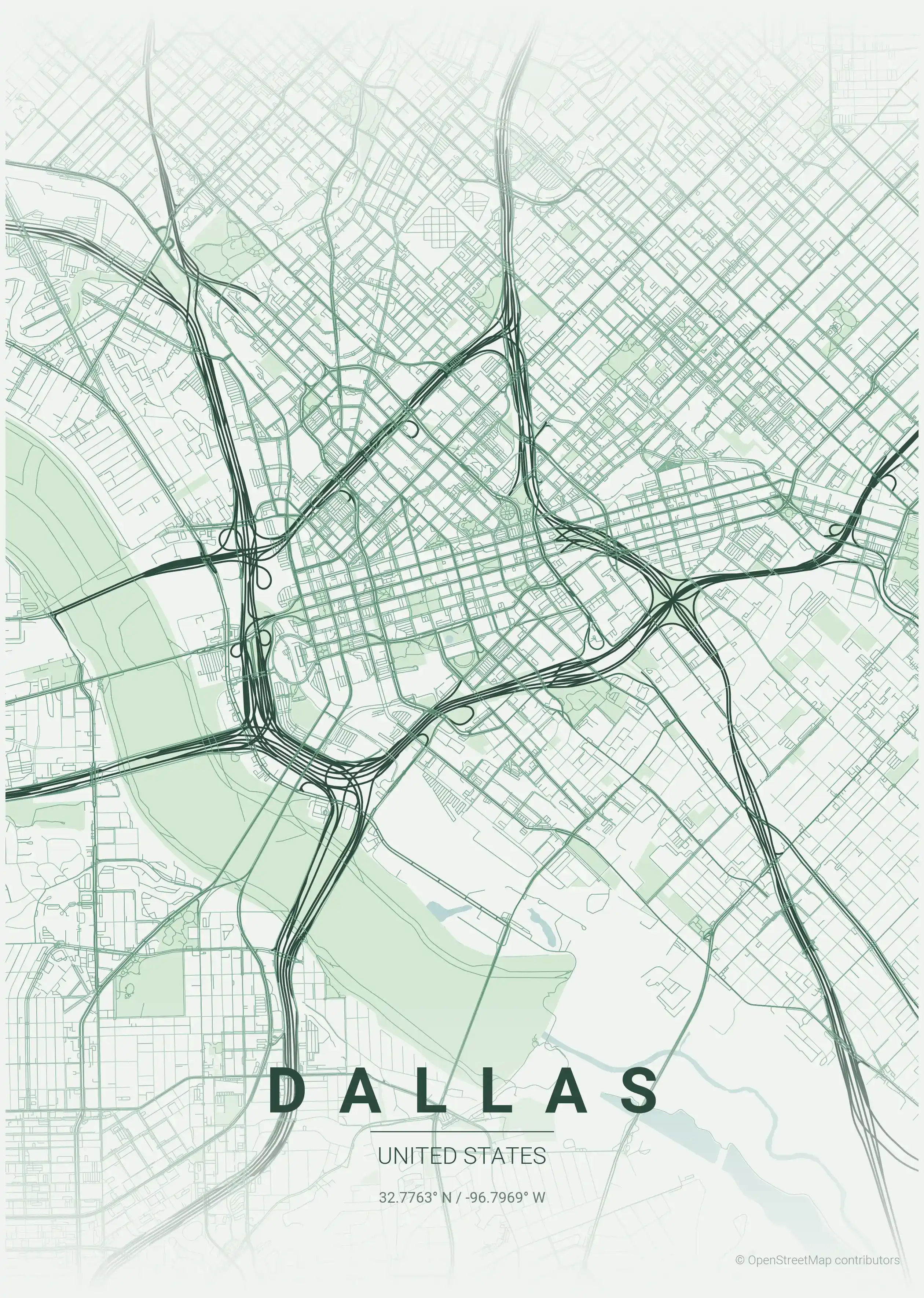 Minimalist forest street map of Dallas, United States - Urban grid art