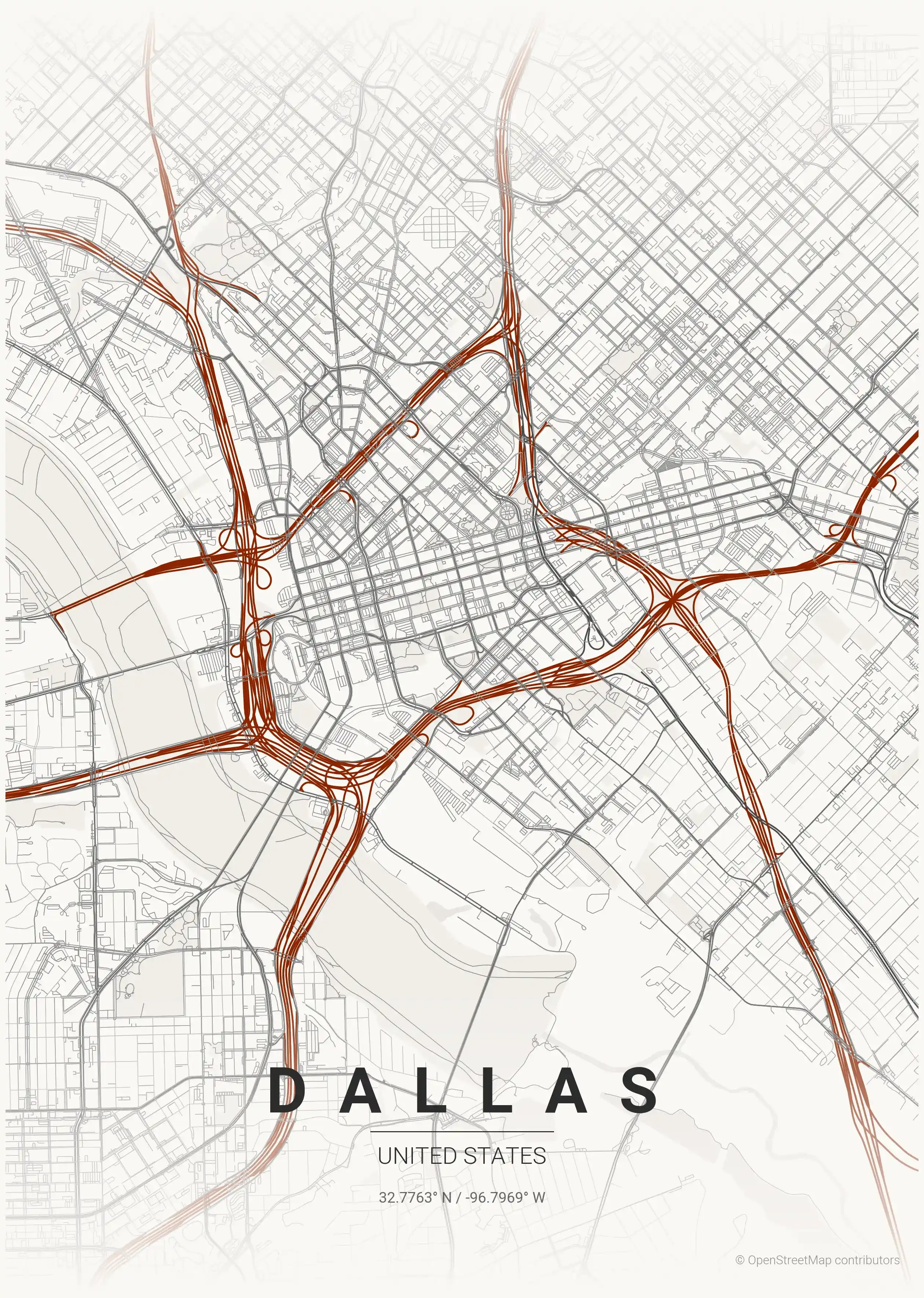 Minimalist japanese_ink street map of Dallas, United States - Urban grid art