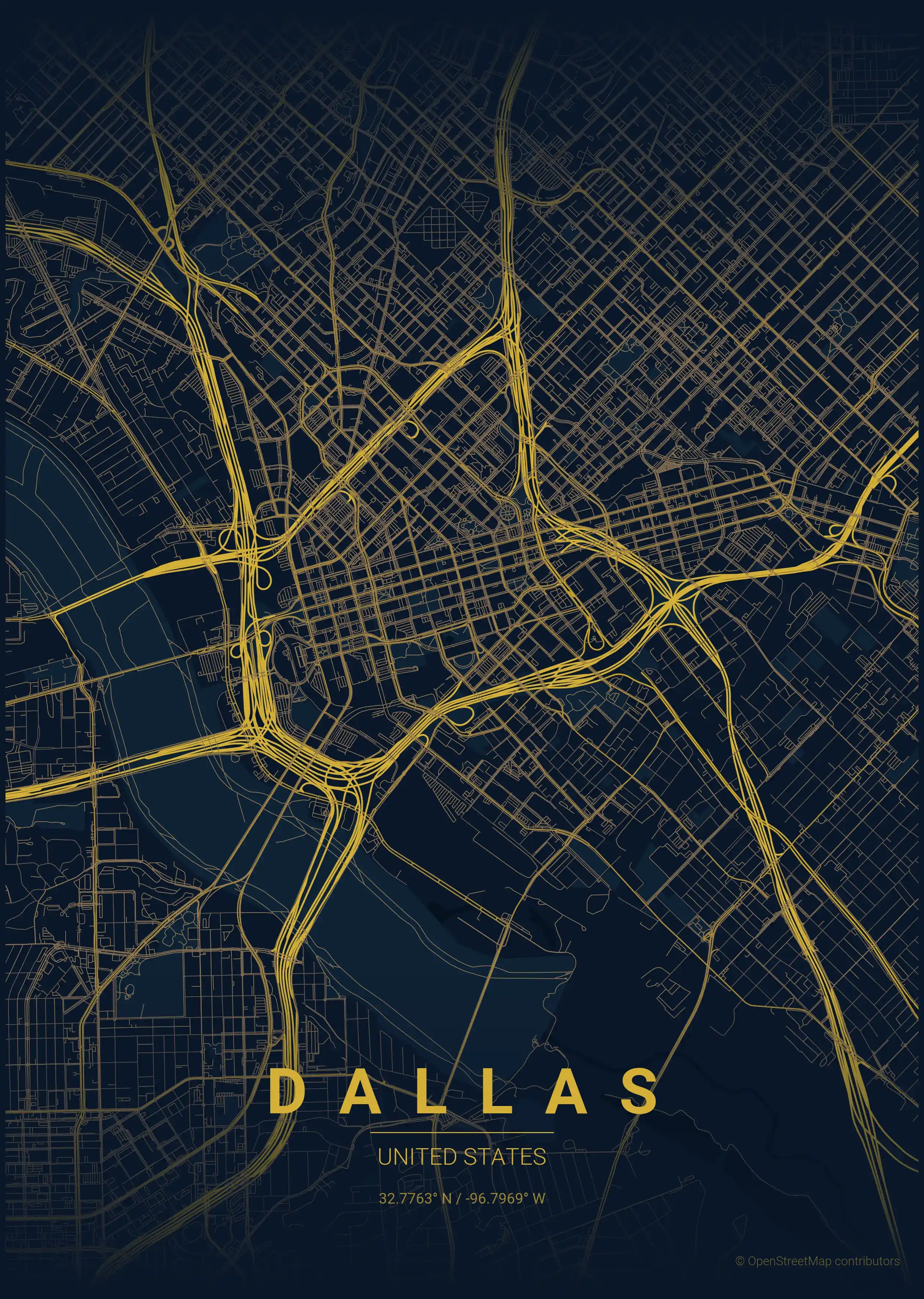 Minimalist midnight_blue street map of Dallas, United States - Urban grid art