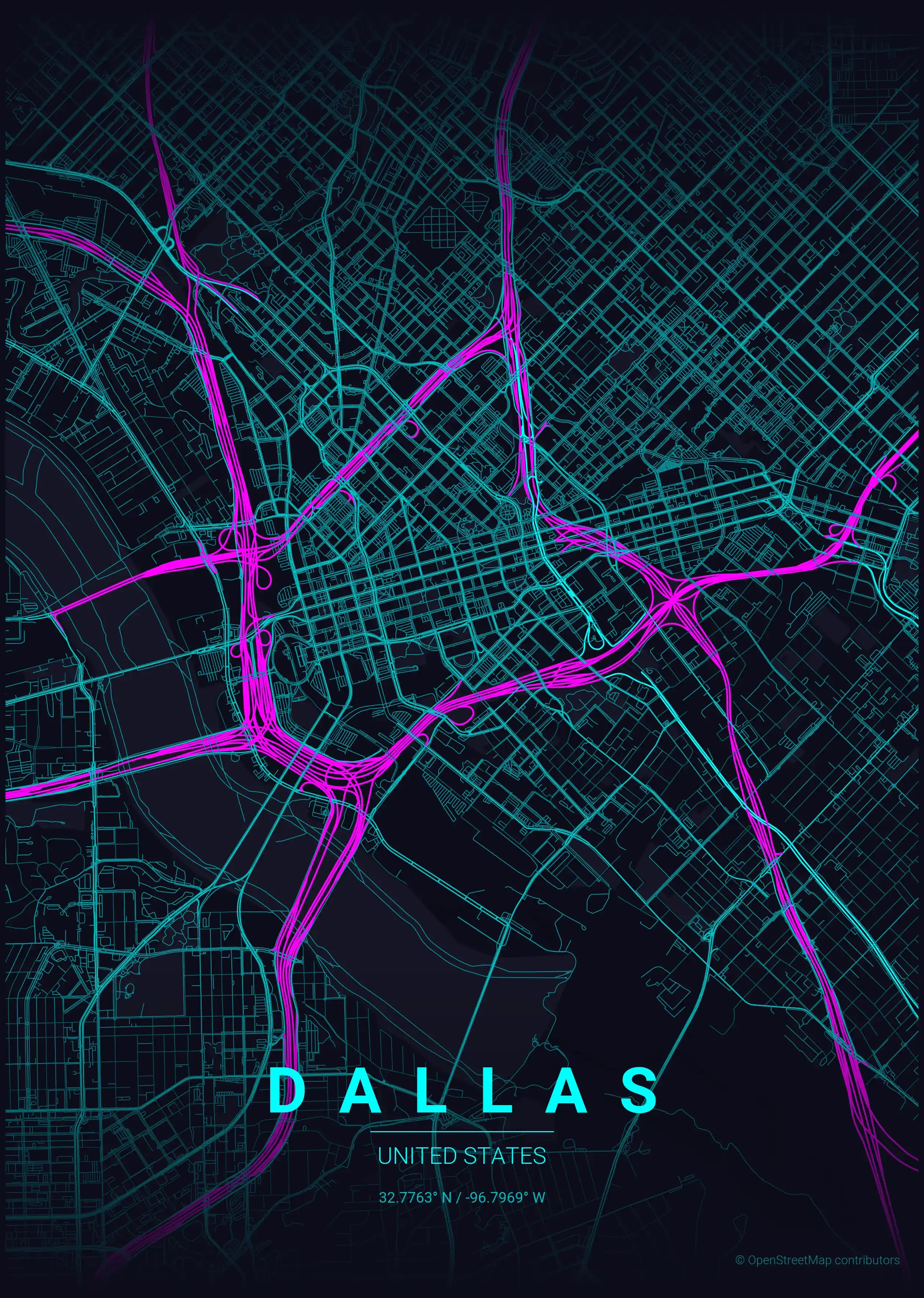 Minimalist neon_cyberpunk street map of Dallas, United States - Urban grid art