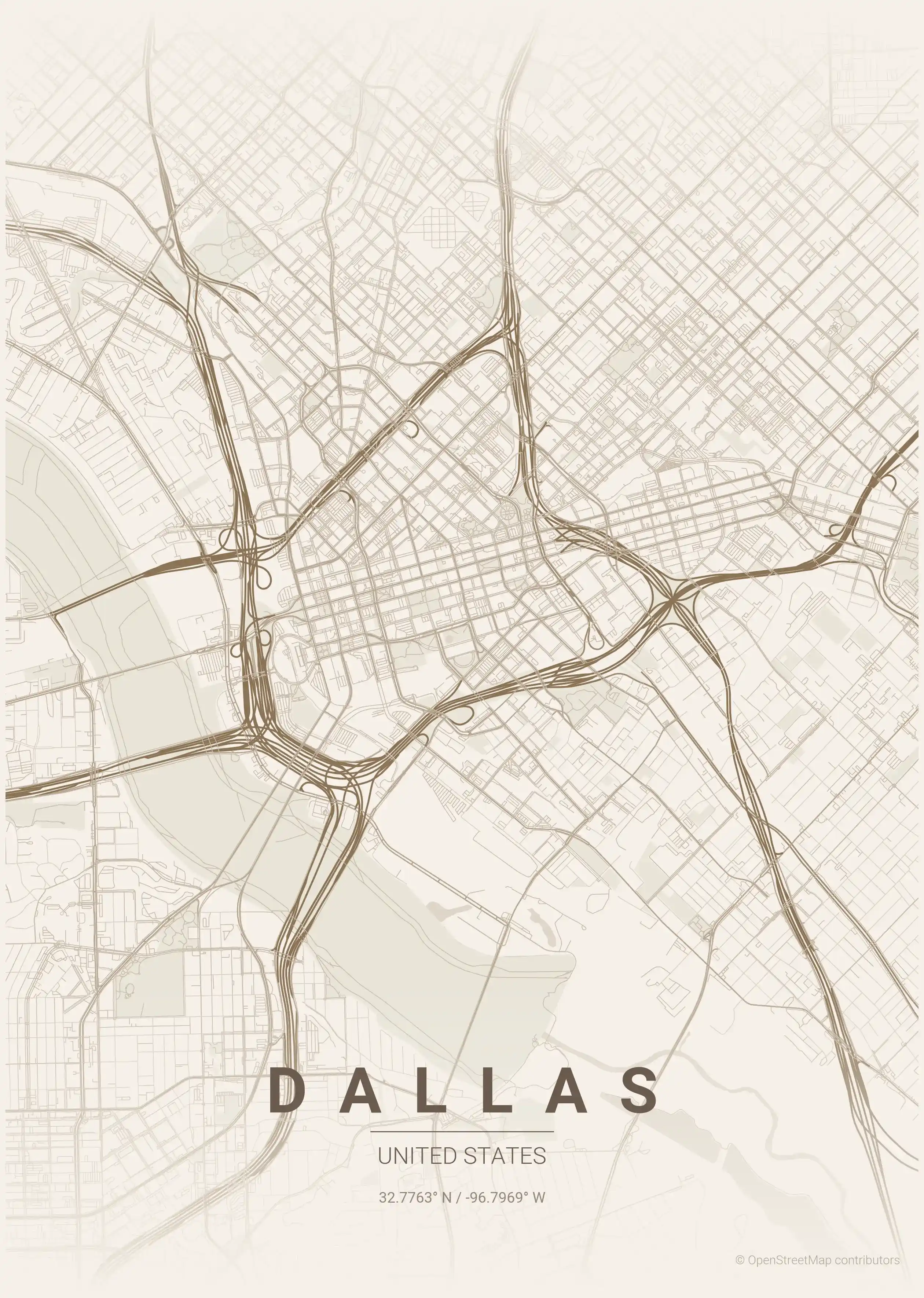 Minimalist warm_beige street map of Dallas, United States - Urban grid art