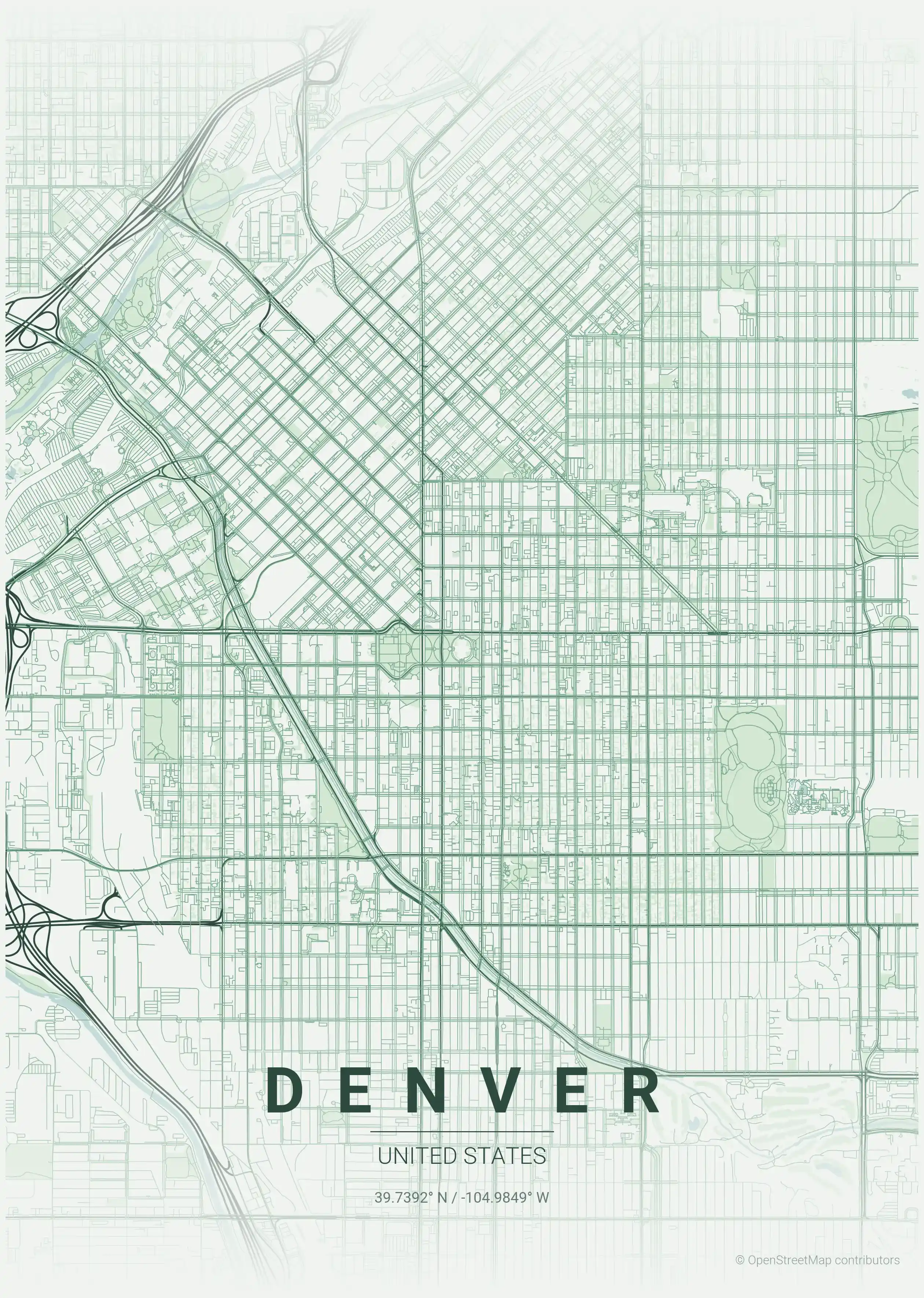 Minimalist forest street map of Denver, United States - Urban grid art
