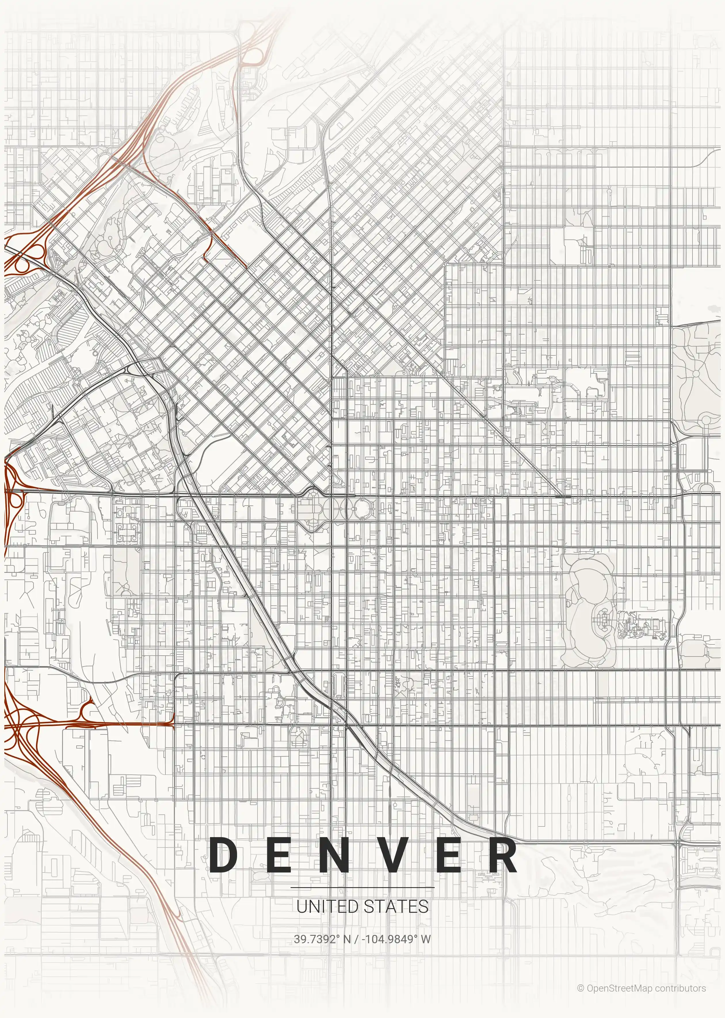 Minimalist japanese_ink street map of Denver, United States - Urban grid art