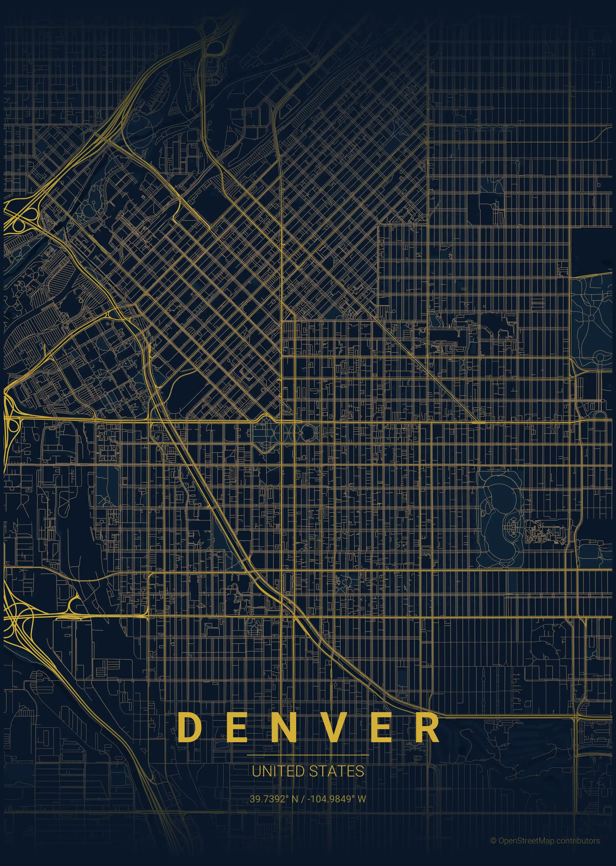 Minimalist midnight_blue street map of Denver, United States - Urban grid art