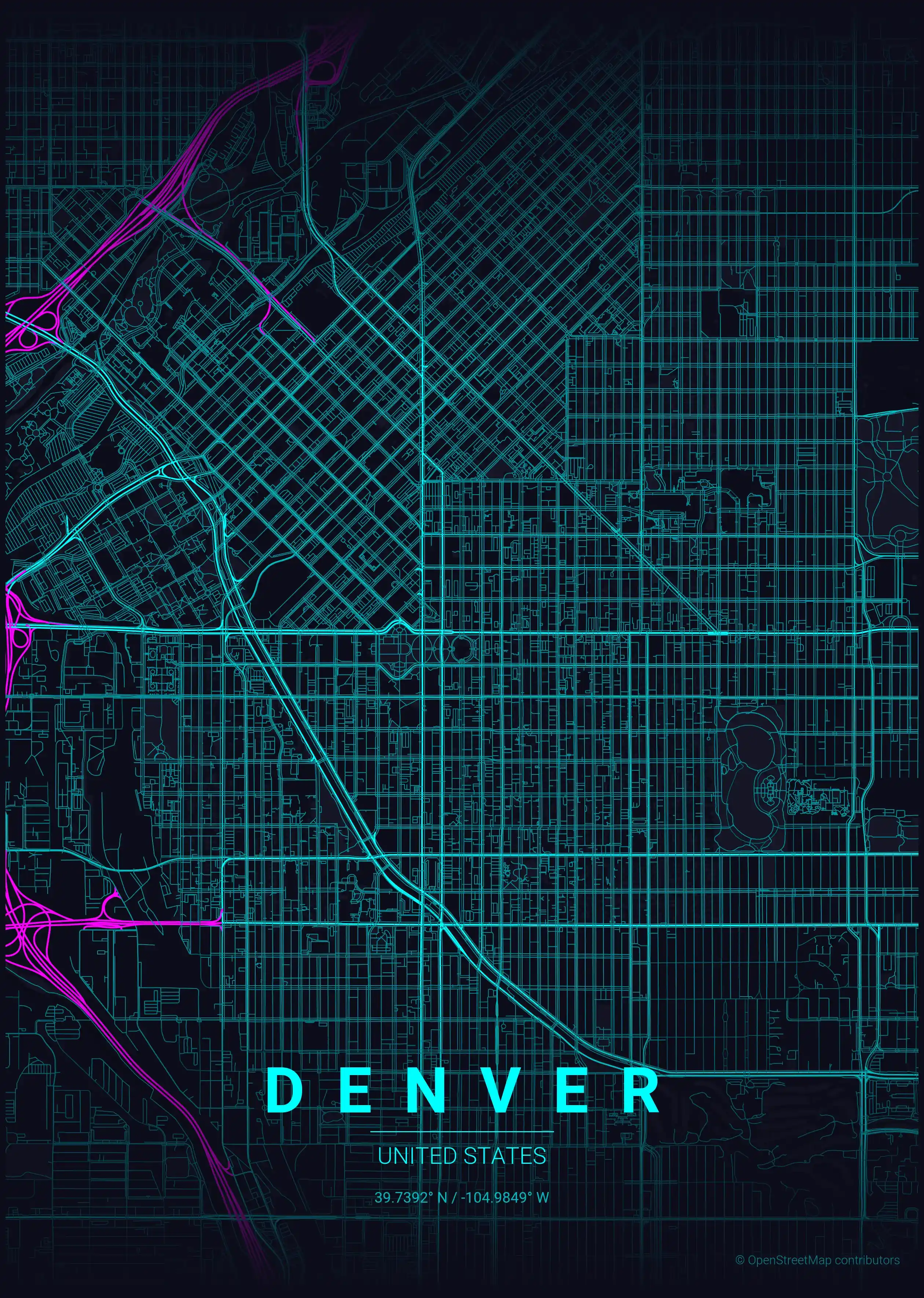 Minimalist neon_cyberpunk street map of Denver, United States - Urban grid art