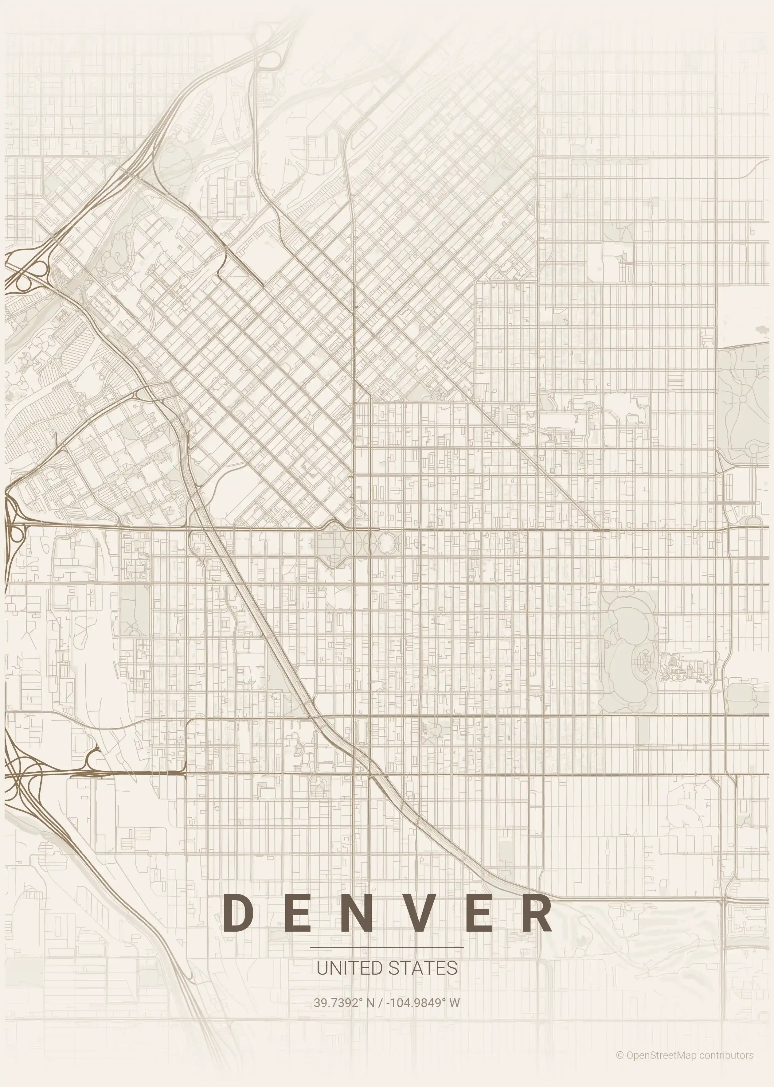 Minimalist warm_beige street map of Denver, United States - Urban grid art