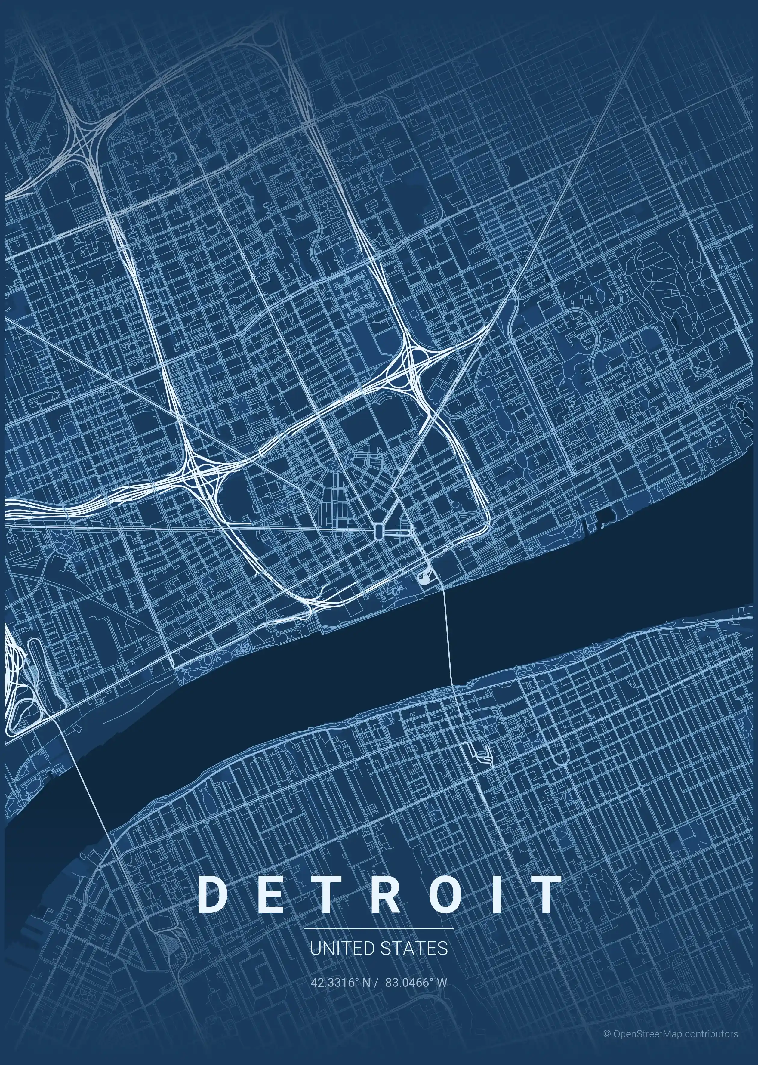 Minimalist blueprint street map of Detroit, United States - Urban grid art
