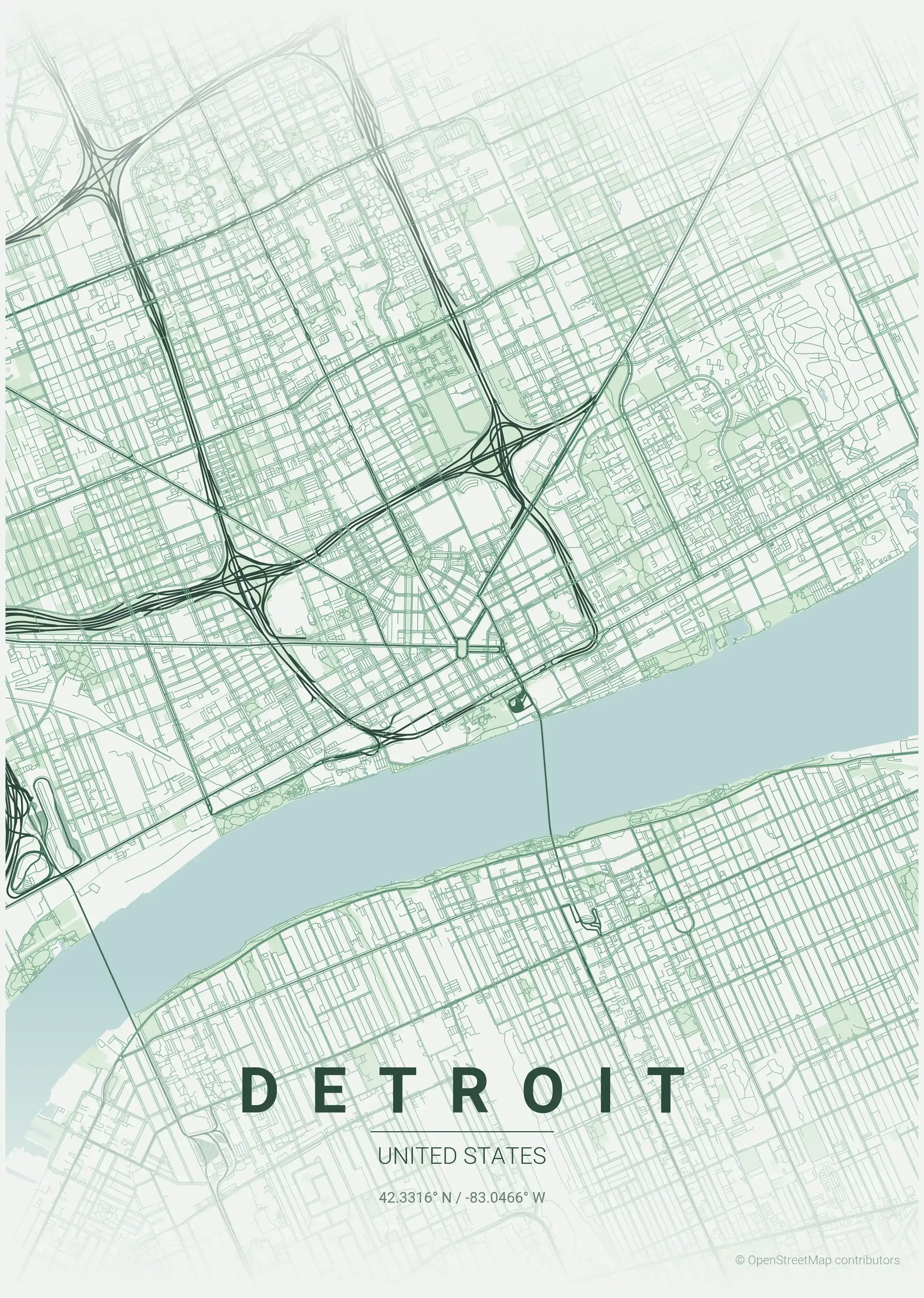 Minimalist forest street map of Detroit, United States - Urban grid art