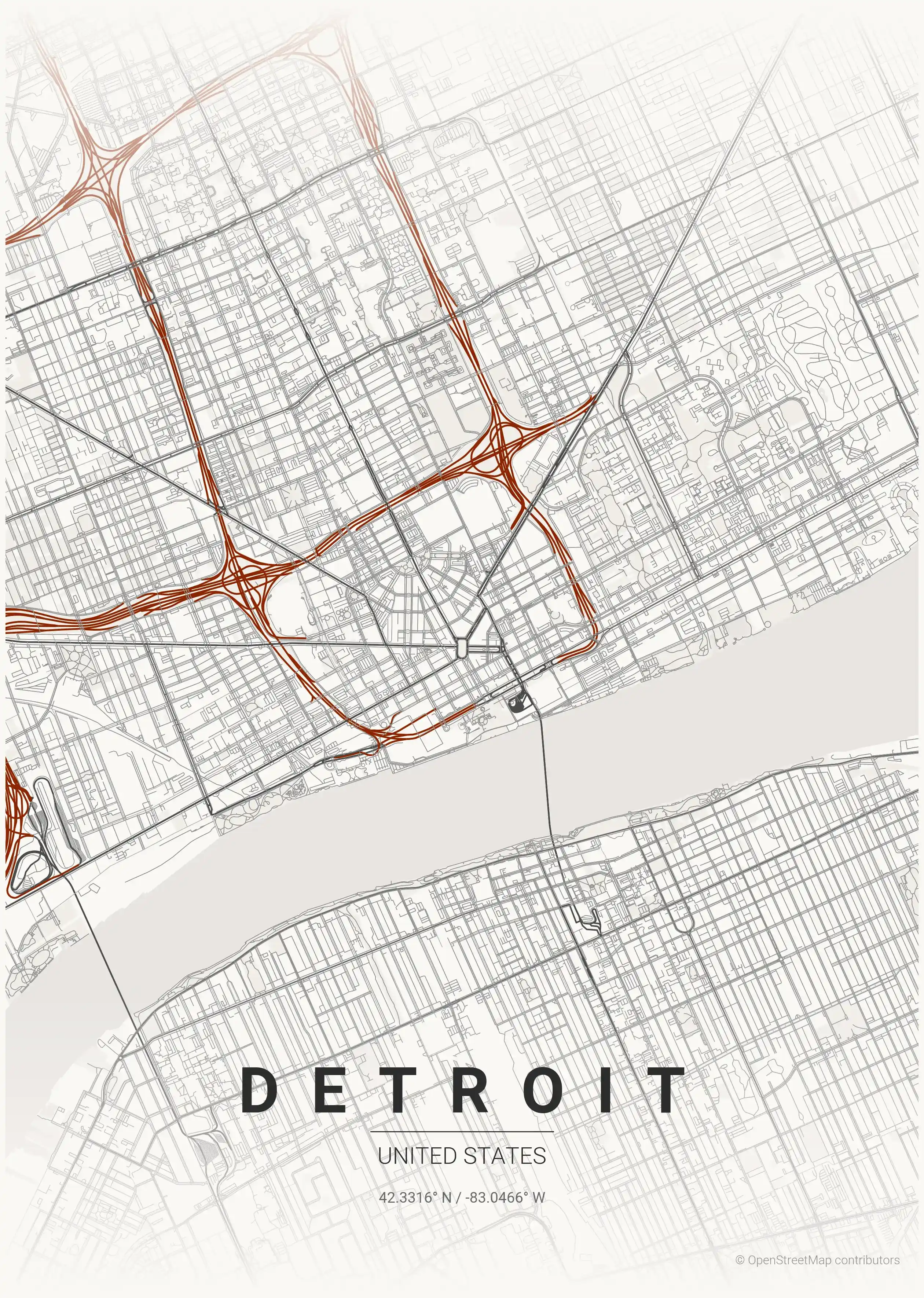 Minimalist japanese_ink street map of Detroit, United States - Urban grid art