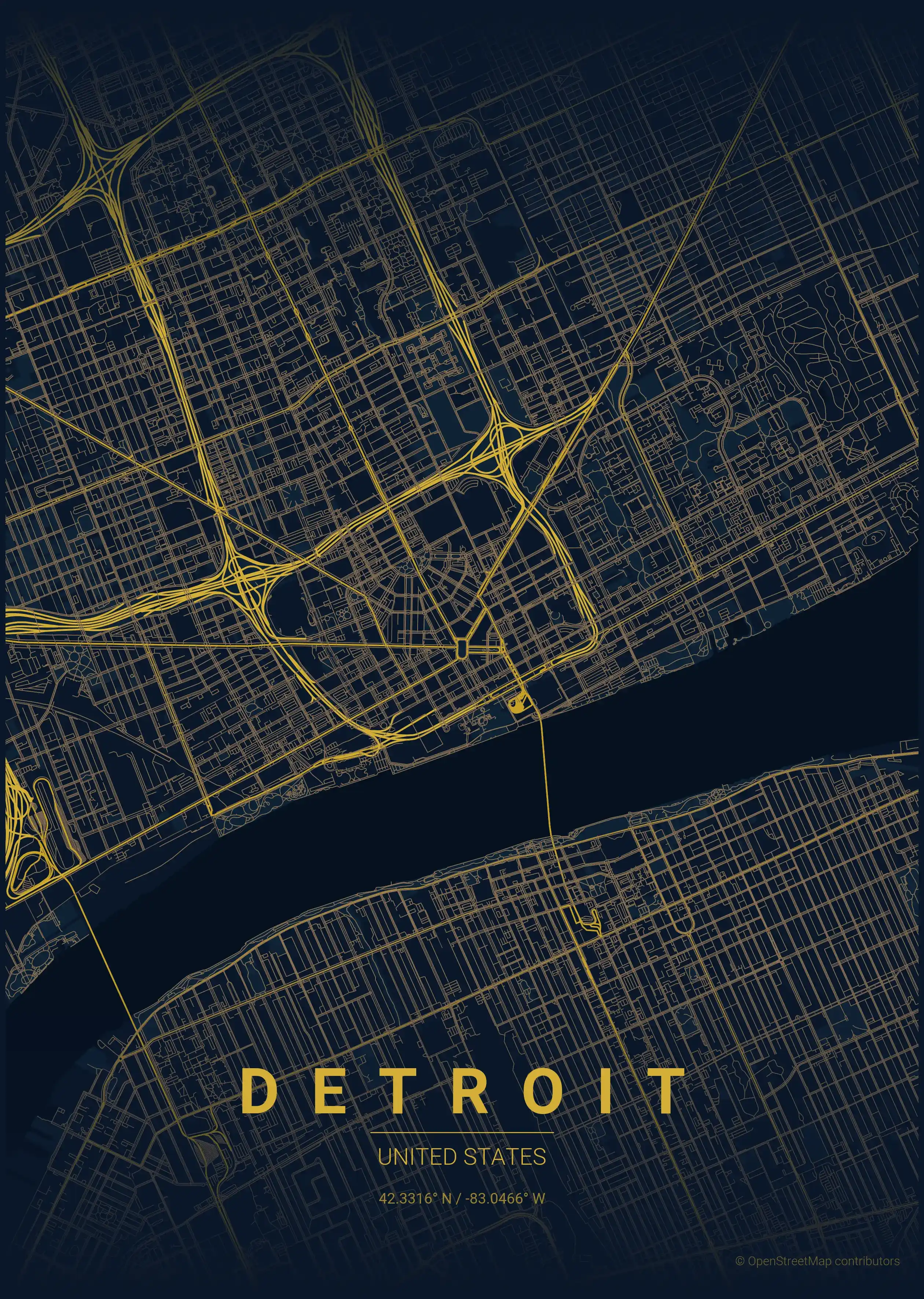 Minimalist midnight_blue street map of Detroit, United States - Urban grid art