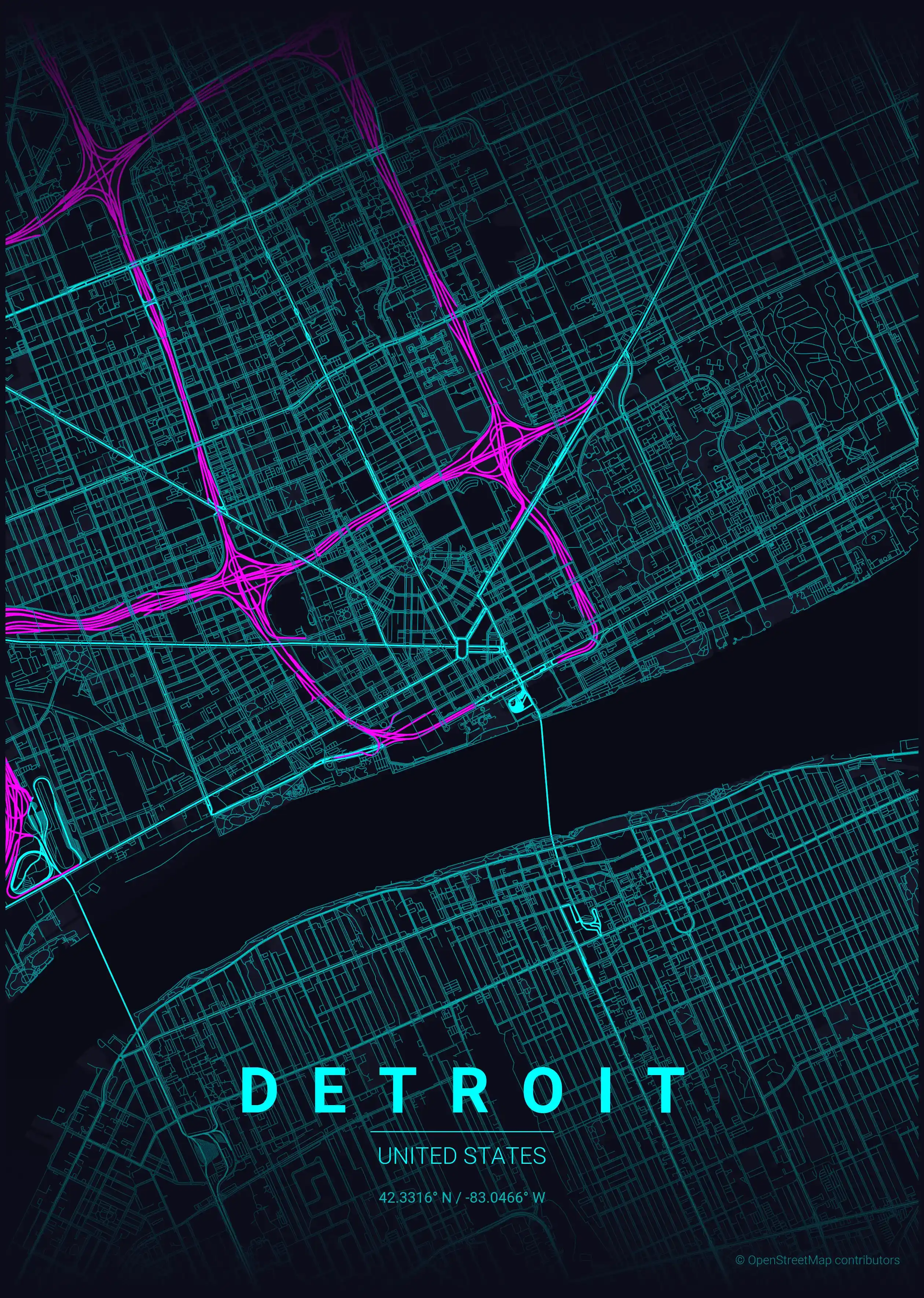Minimalist neon_cyberpunk street map of Detroit, United States - Urban grid art