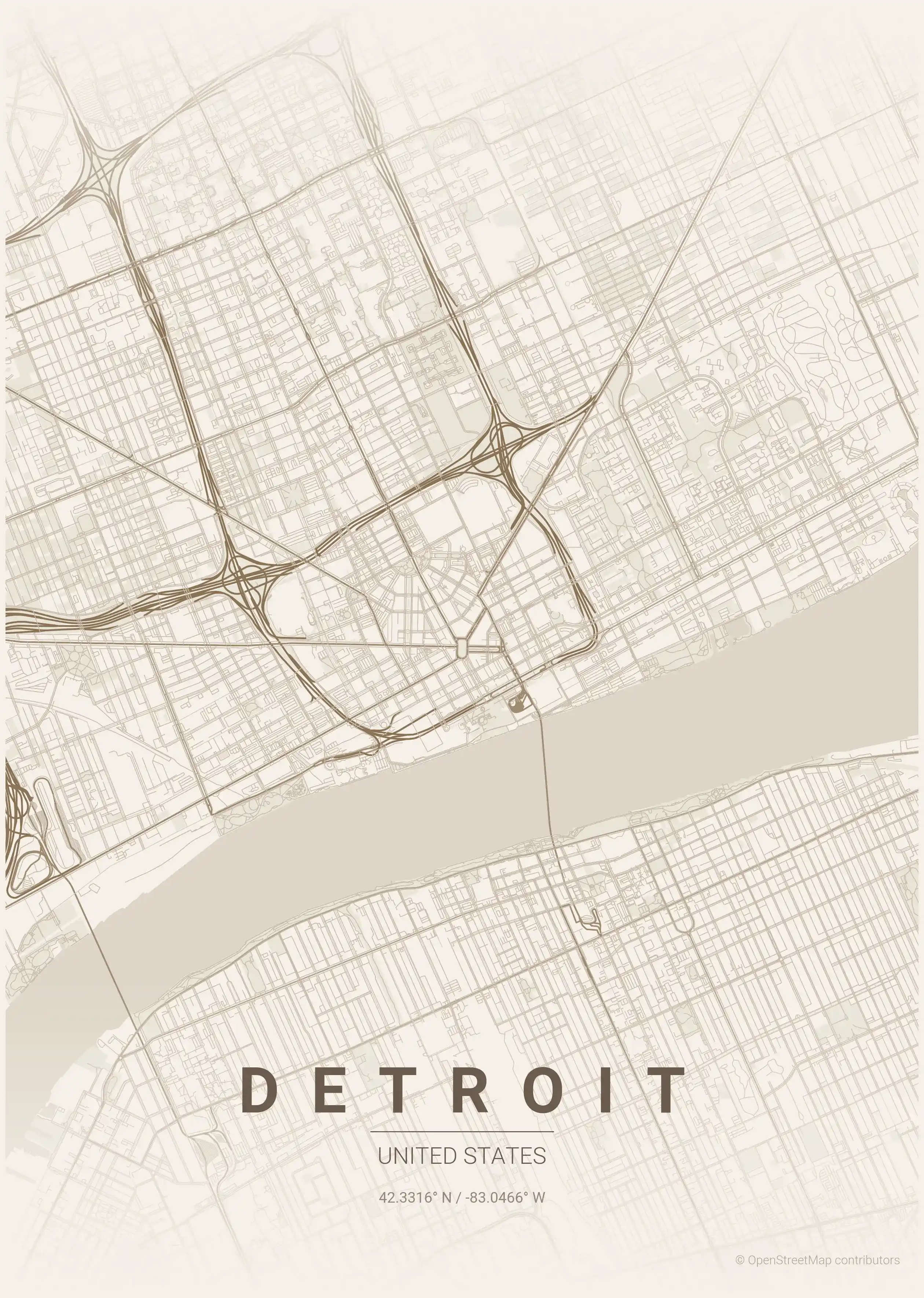 Minimalist warm_beige street map of Detroit, United States - Urban grid art