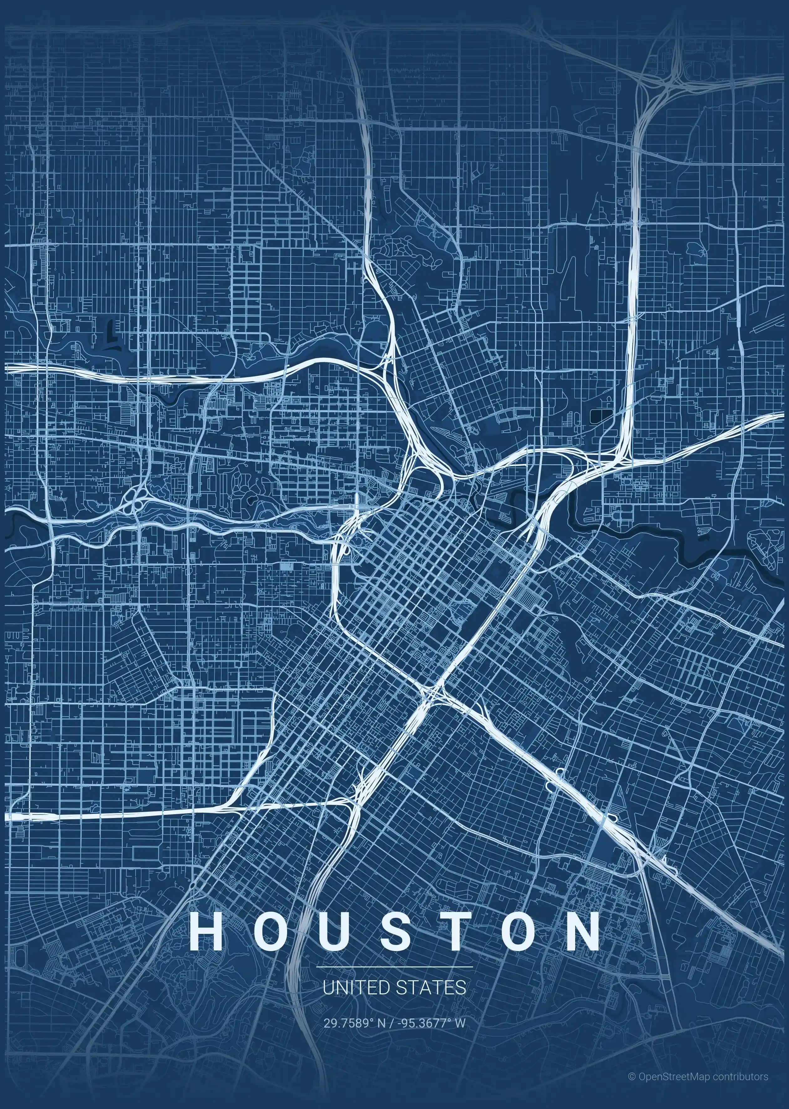 Minimalist blueprint street map of Houston, United States - Urban grid art