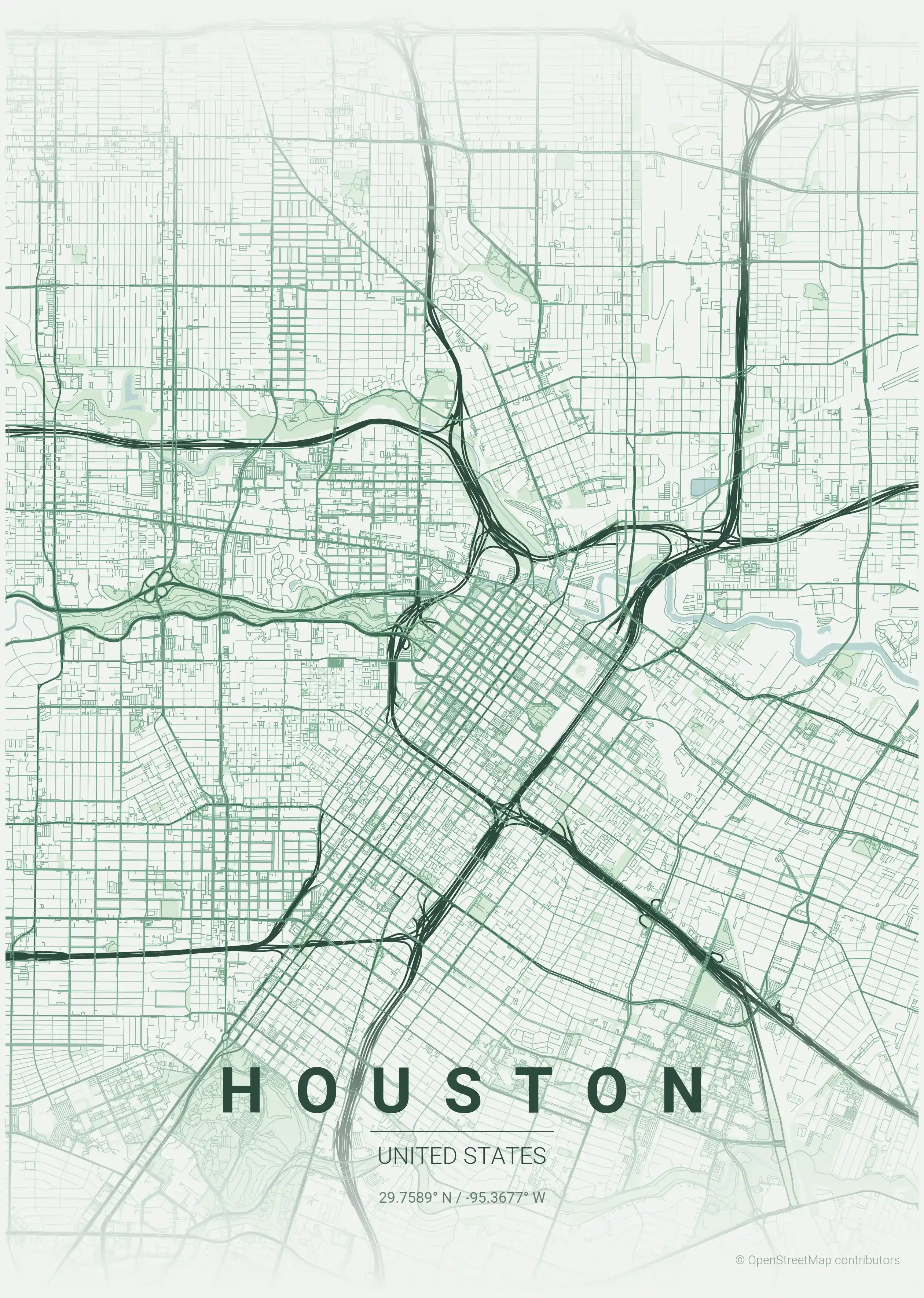 Minimalist forest street map of Houston, United States - Urban grid art