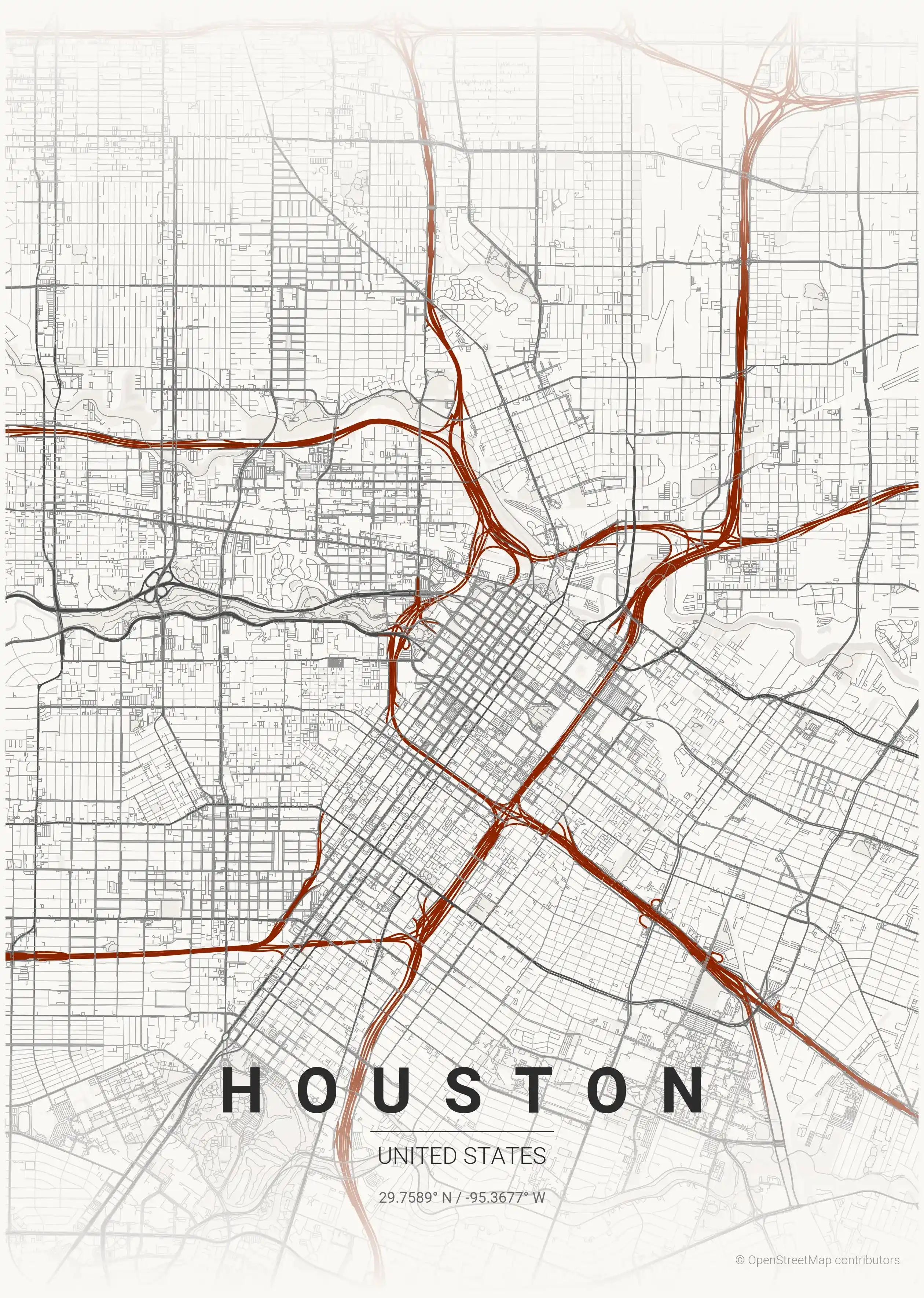 Minimalist japanese_ink street map of Houston, United States - Urban grid art