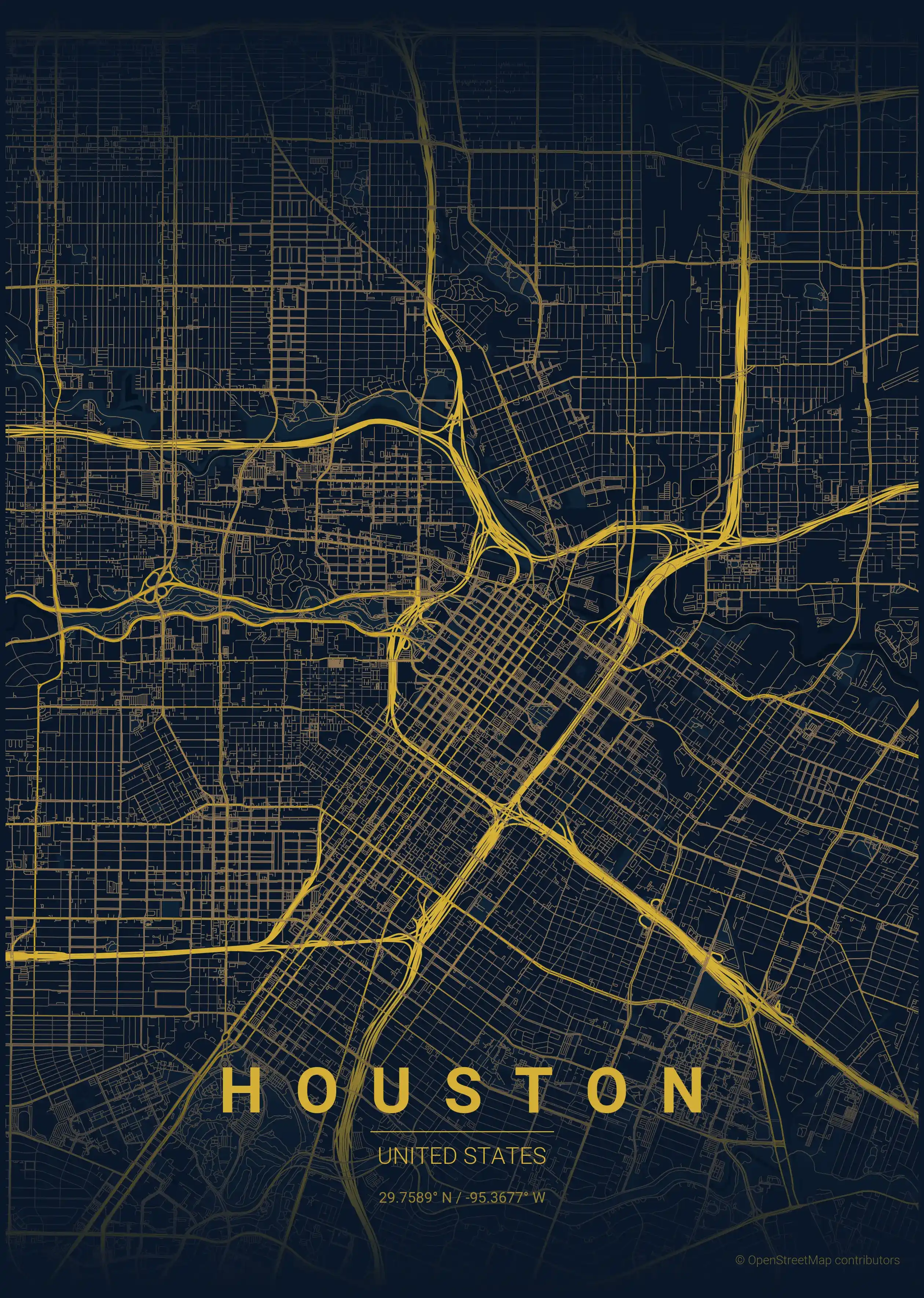 Minimalist midnight_blue street map of Houston, United States - Urban grid art