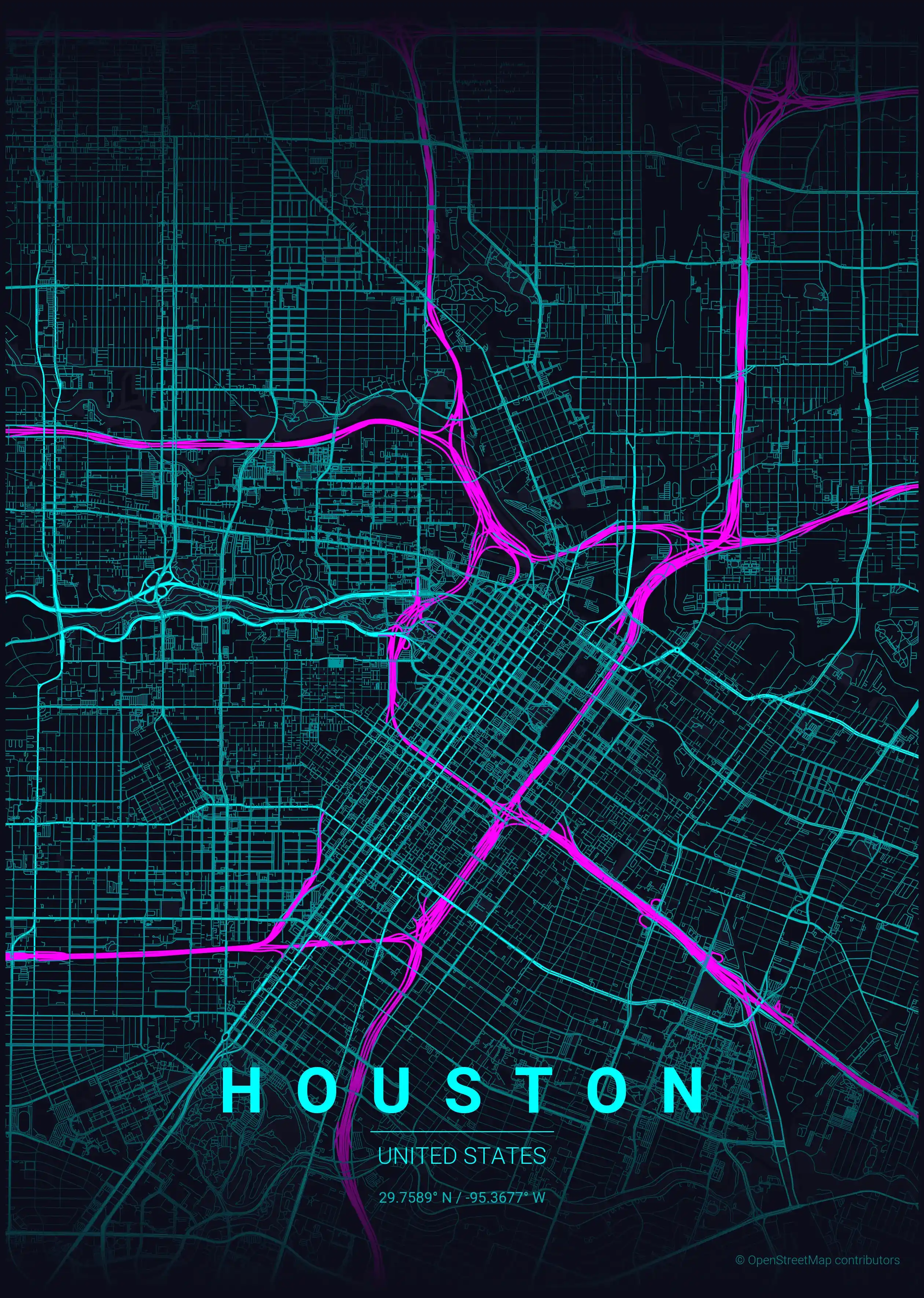 Minimalist neon_cyberpunk street map of Houston, United States - Urban grid art