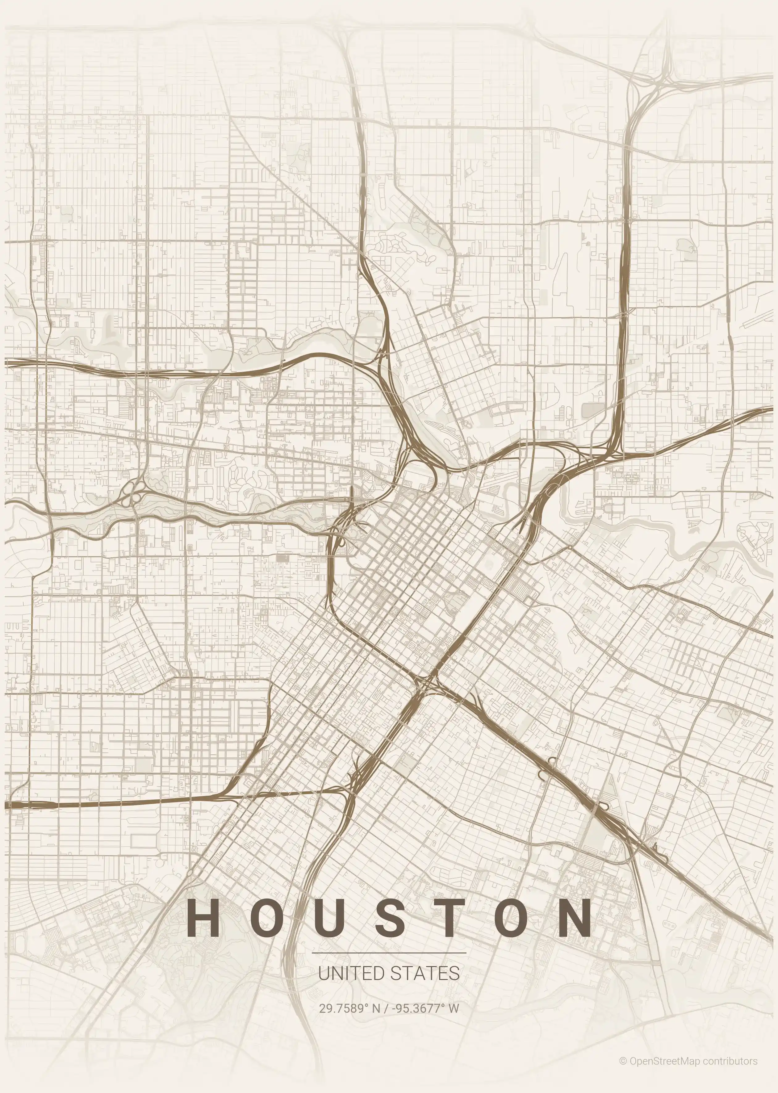 Minimalist warm_beige street map of Houston, United States - Urban grid art