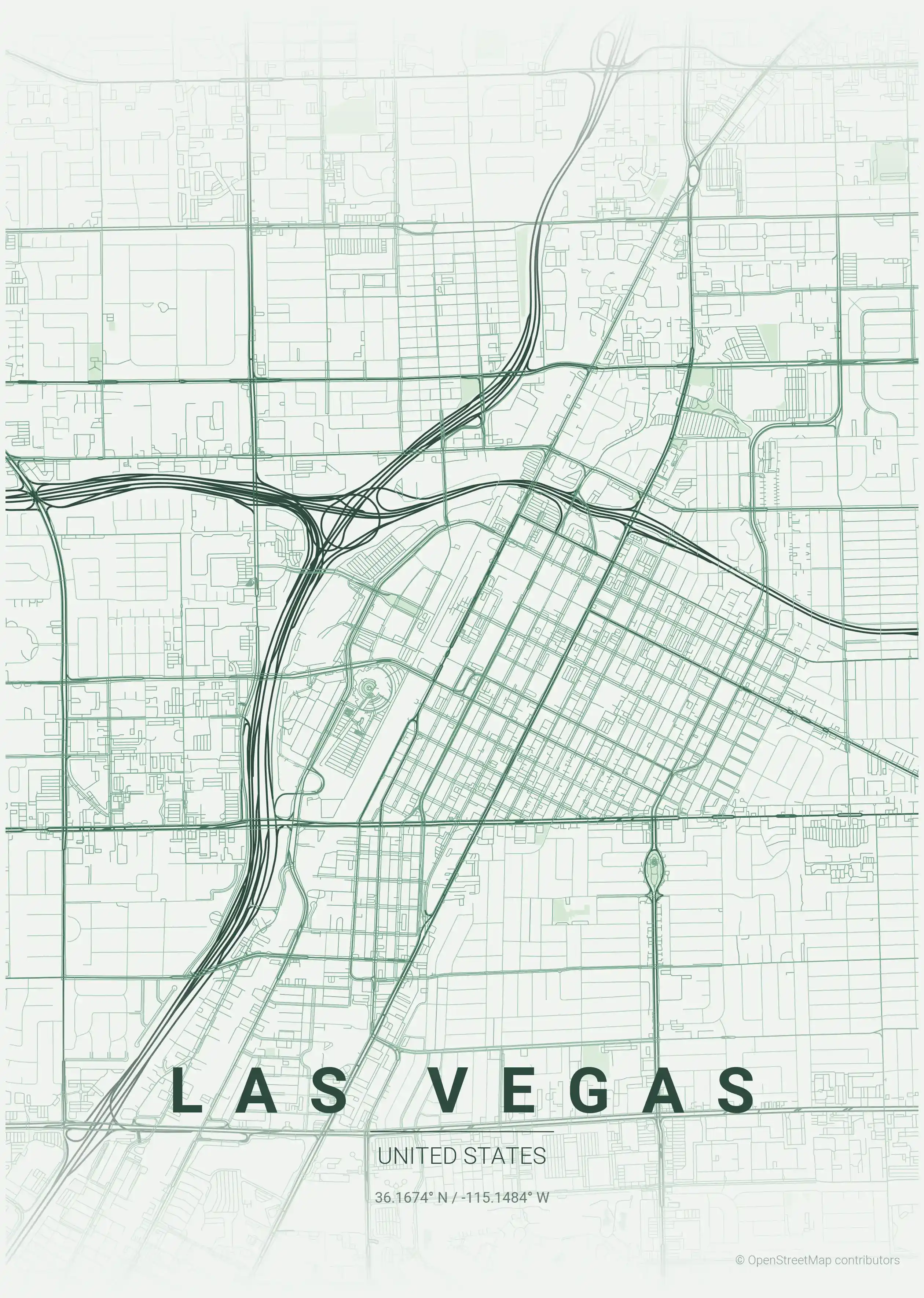 Minimalist forest street map of Las Vegas, United States - Urban grid art